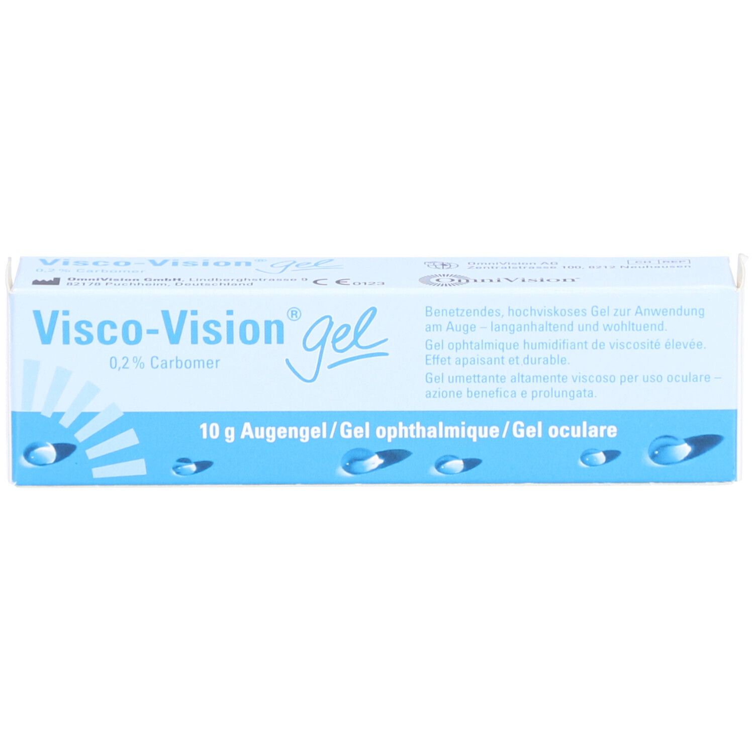 Visco-Vision Gel-Verpackung. Blaue und weiße Schachtel. Enthält 10 g Augengel.