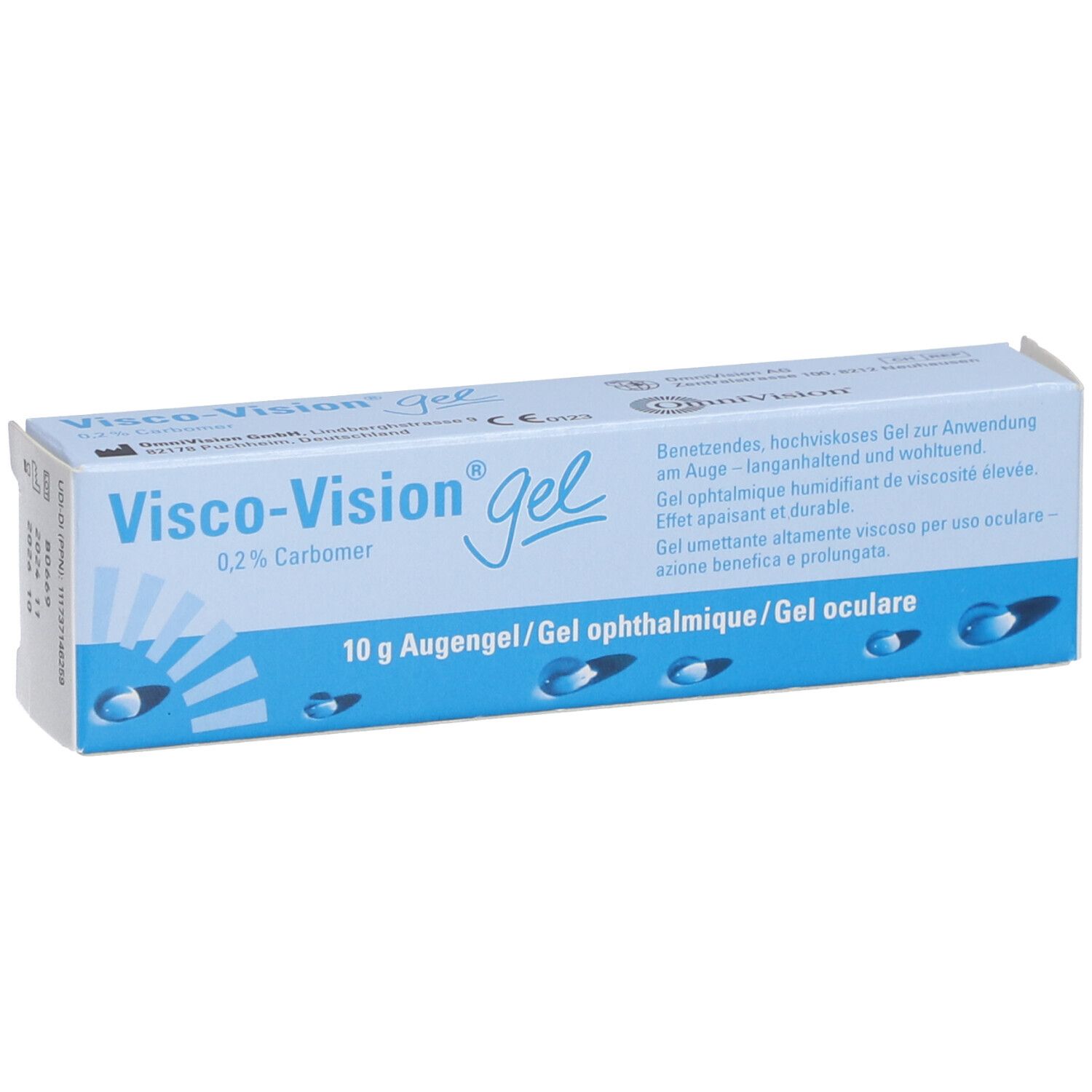 Visco-Vision Gel-Verpackung. Blaue und weiße Schachtel. Enthält 10 g Augengel.