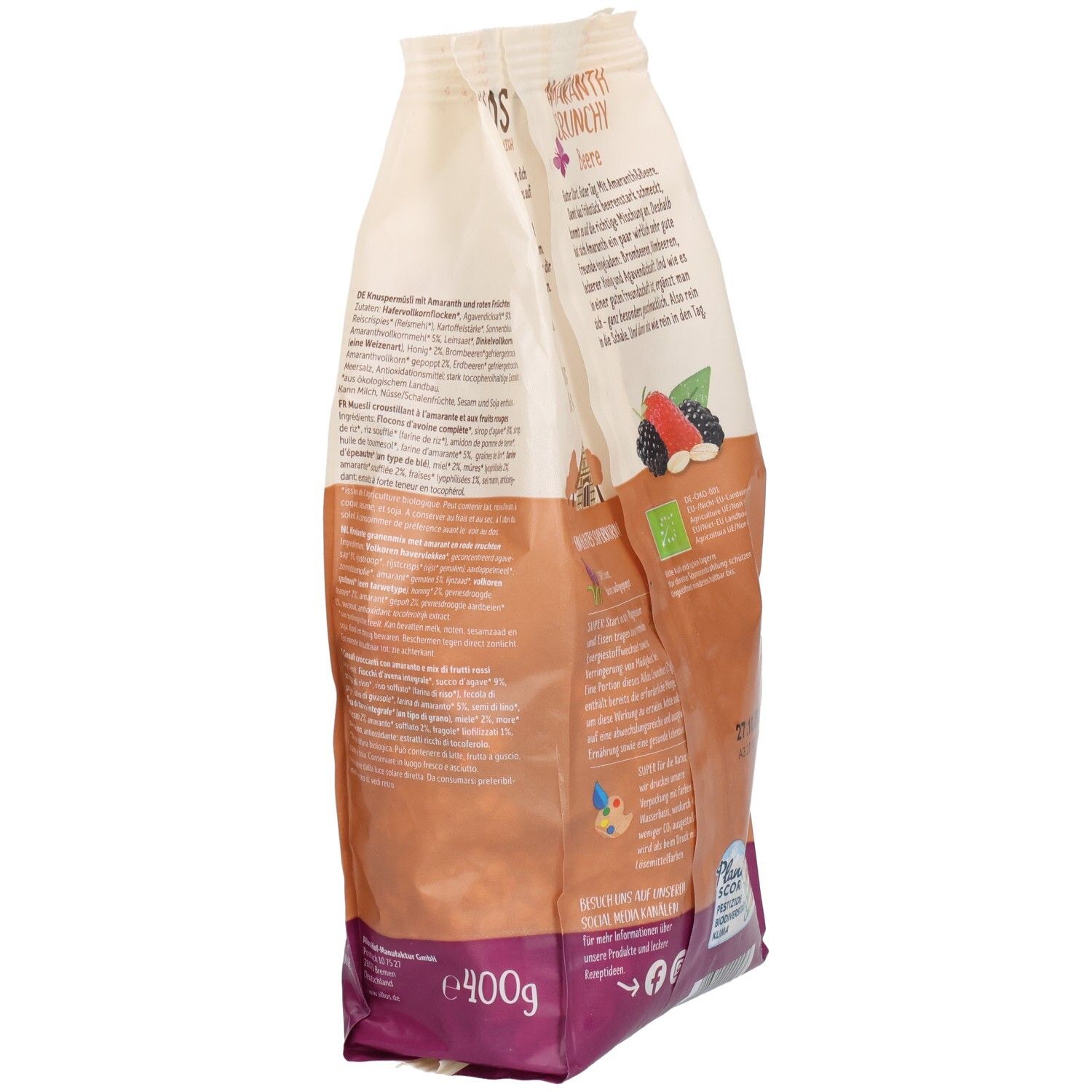 Seitenansicht des Beutels mit Allos Amaranth Crunchy Beerenfrucht. Aufdrucke: Logo, Produktname, Text, Bio-Siegel, Gewicht.