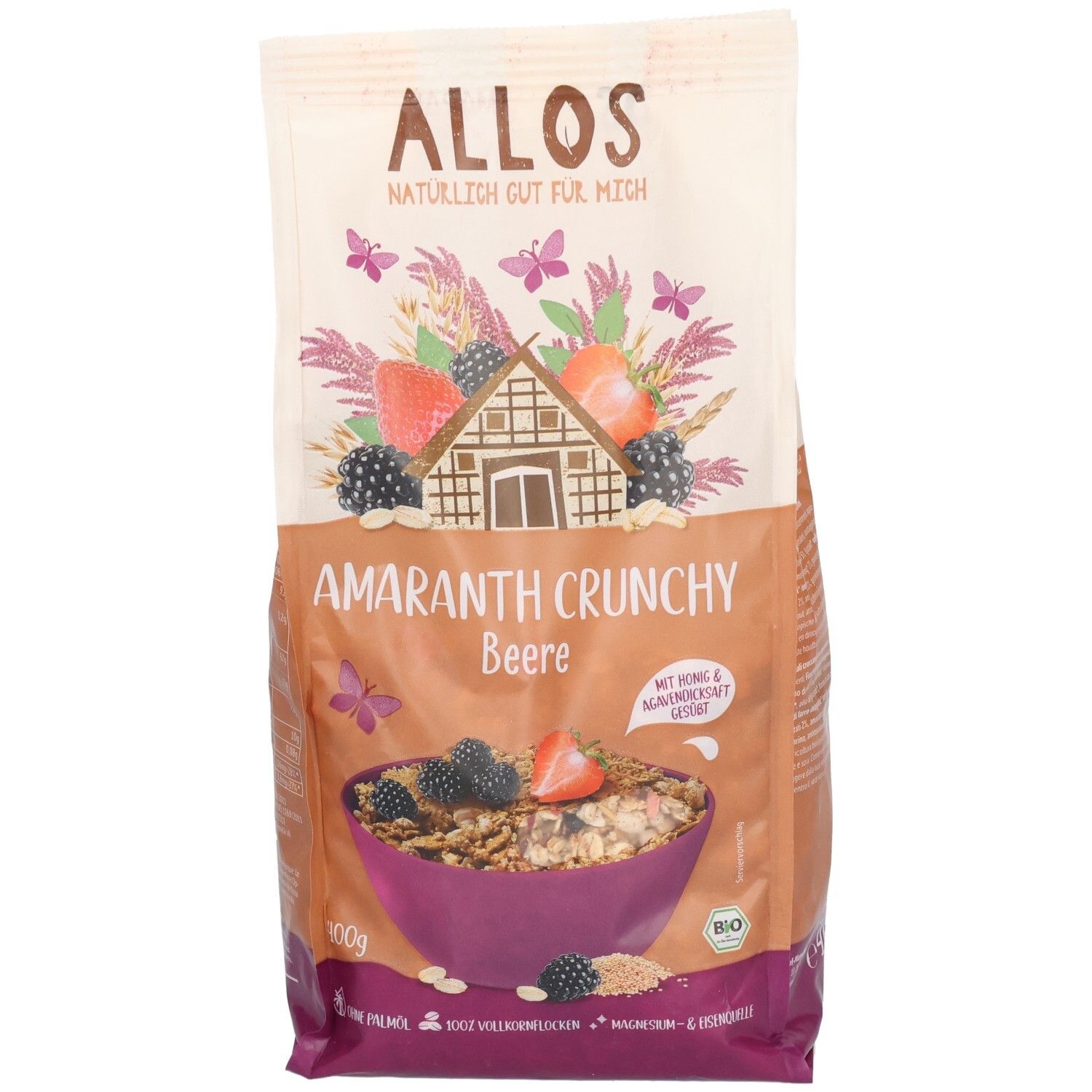 Beutel mit Allos Amaranth Crunchy Beerenfrucht. Aufdrucke: Logo, Produktname, Illustrationen von Beeren und einer Schüssel Müsli, Bio-Siegel.