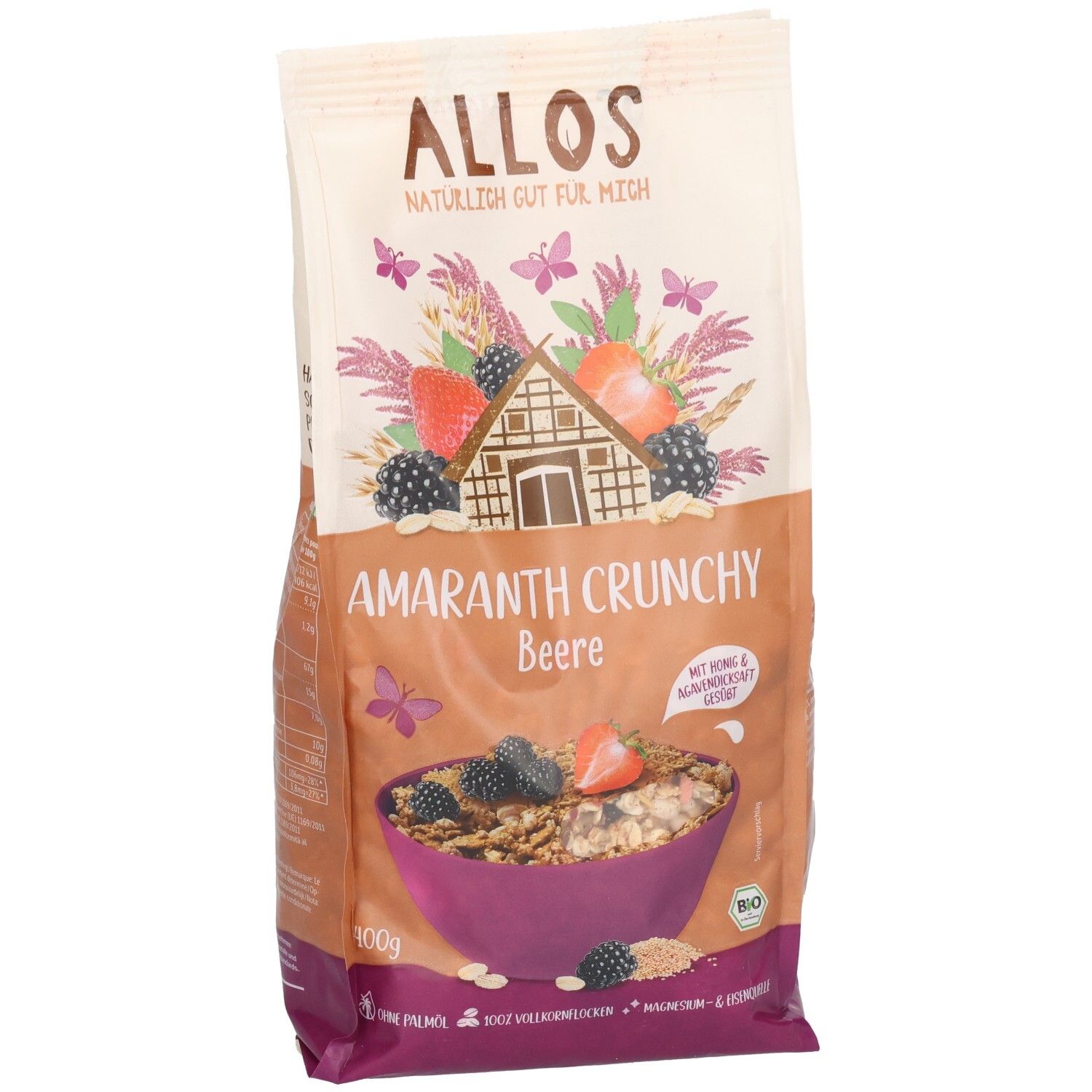 Beutel mit Allos Amaranth Crunchy Beerenfrucht. Aufdrucke: Logo, Produktname, Illustrationen von Beeren und einer Schüssel Müsli, Bio-Siegel.