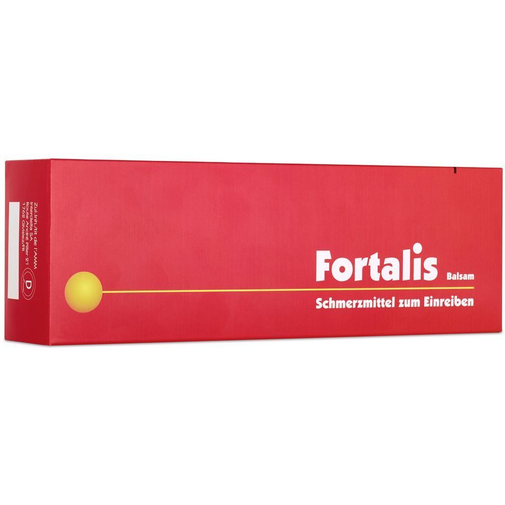 Rote Produktverpackung mit gelbem Kreis und Schriftzug Fortalis. Text: Schmerzmittel zum Einreiben.