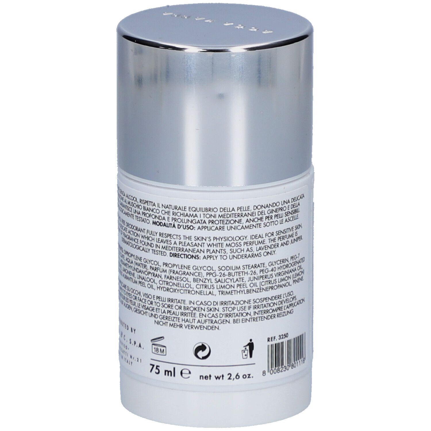 Weißer Deostick, Rückseite. Text: Acca Kappa, 75 ml, Inhaltsstoffe, Warnhinweise, 18M-Symbol.