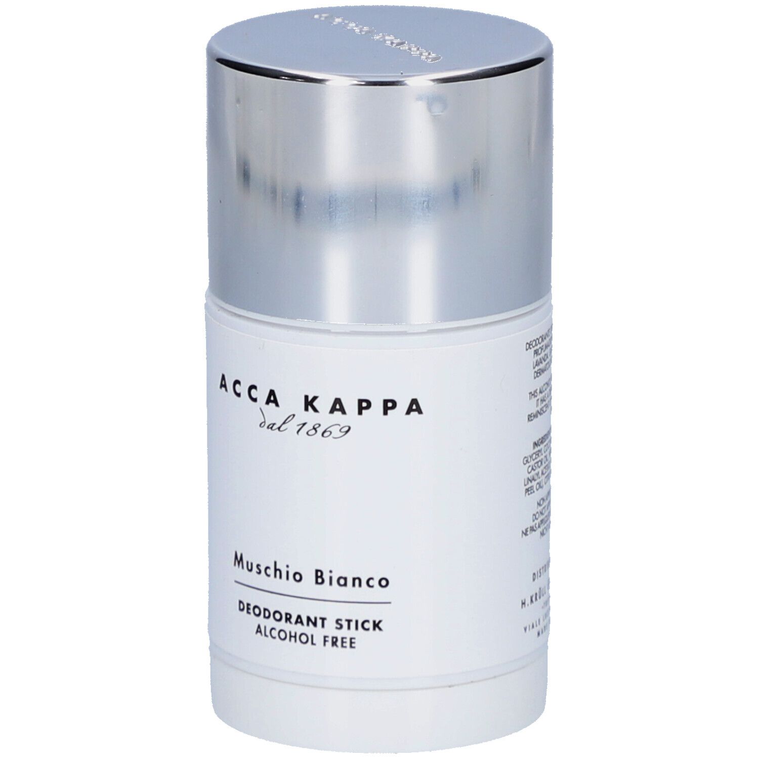 Weißer Deostick mit silberfarbenem Deckel. Aufschrift: Acca Kappa, Muschio Bianco, Deodorant Stick, Alcohol Free.