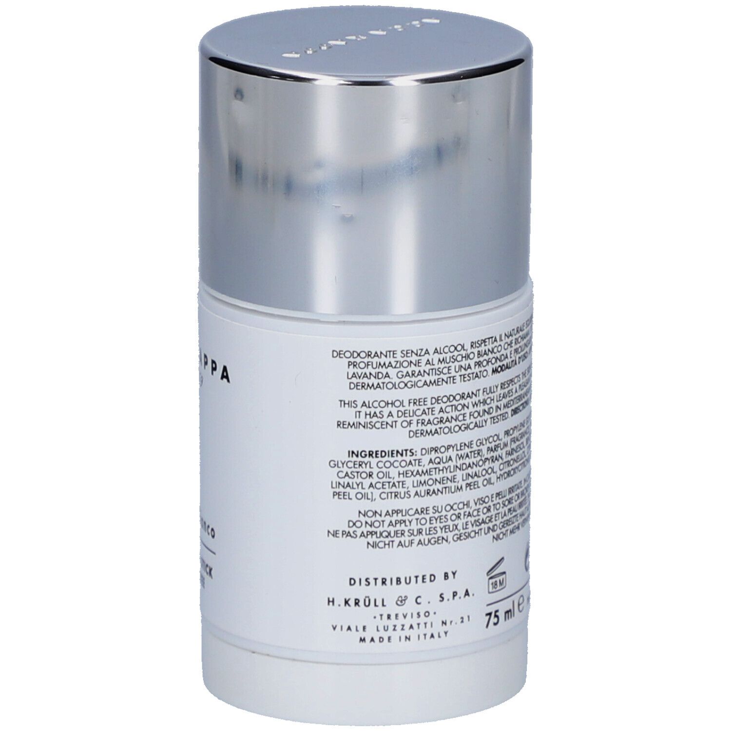 Weißer Deostick, Rückseite. Text: Acca Kappa, Inhaltsstoffe, 75 ml, Warnhinweise, 18M-Symbol.