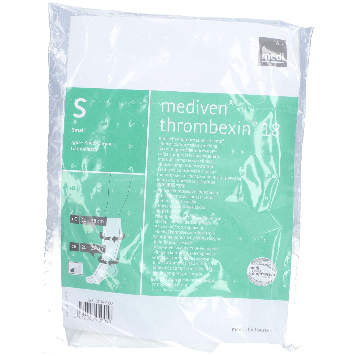 MEDIVEN Thrombexin 18 Kompressionsstrümpfe, Größe S, in Folienverpackung. Grün-weißes Etikett mit Produktinformationen und Logo.