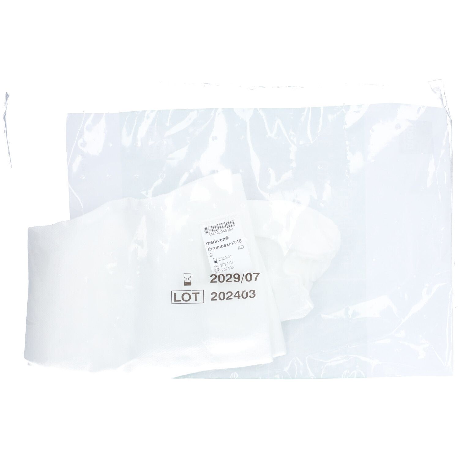 MEDIVEN Thrombexin 18 Kompressionsstrümpfe in transparenter Folienverpackung. Chargennummer und Verfallsdatum auf Etikett.