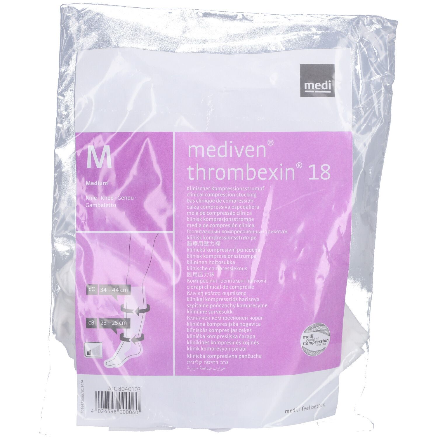 Kompressionsstrumpf in Verpackung. Produktname: mediven thrombexin 18. Größe M. Marke: medi. Verpackt in transparenter Folie.