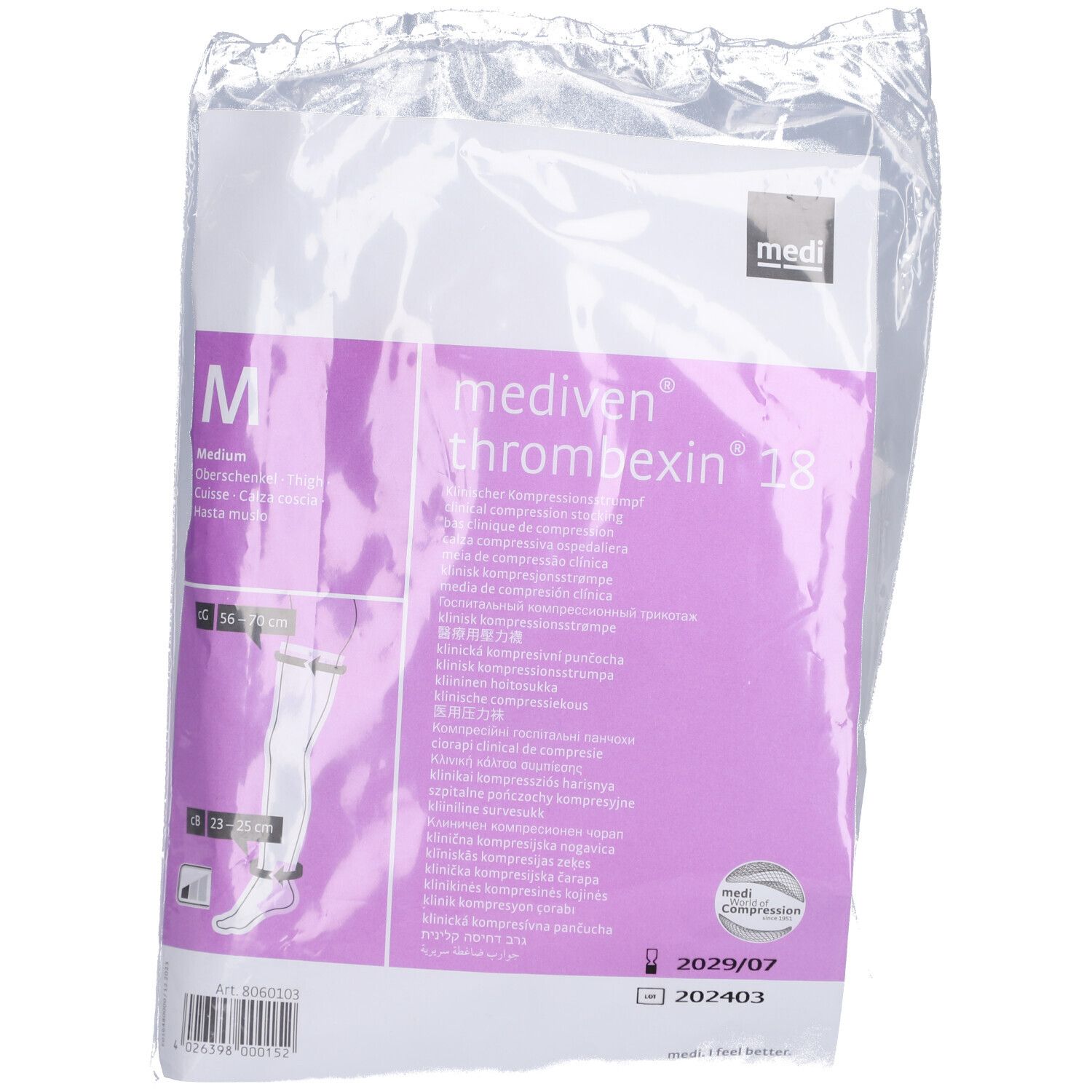 Verpackung von mediven® Thrombexin® 18. Größe M. Kompressionsstrümpfe in Folie. Produktname und Marke sichtbar.