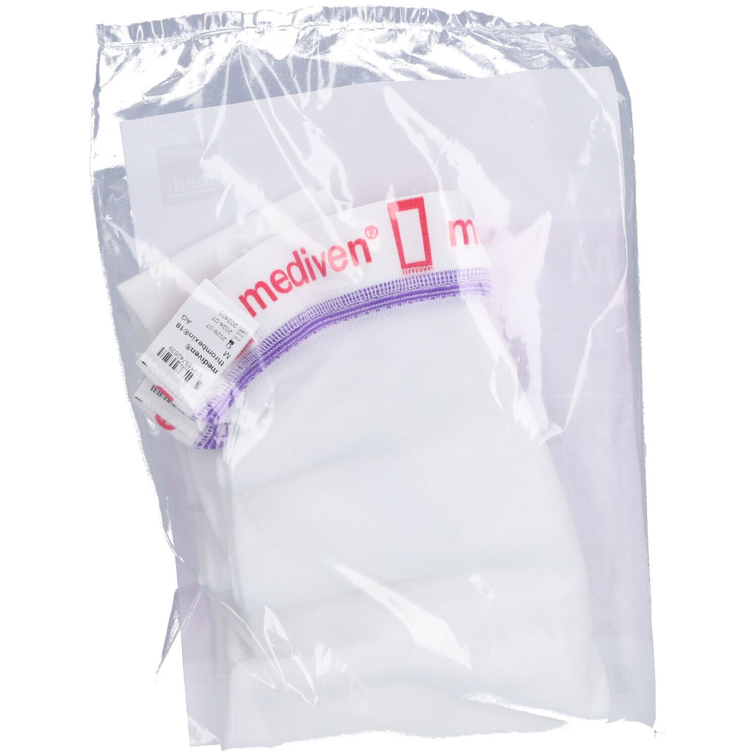 In Folie verpackte mediven® Thrombexin® 18 Kompressionsstrümpfe. Produktname und Marke auf Etikett sichtbar.
