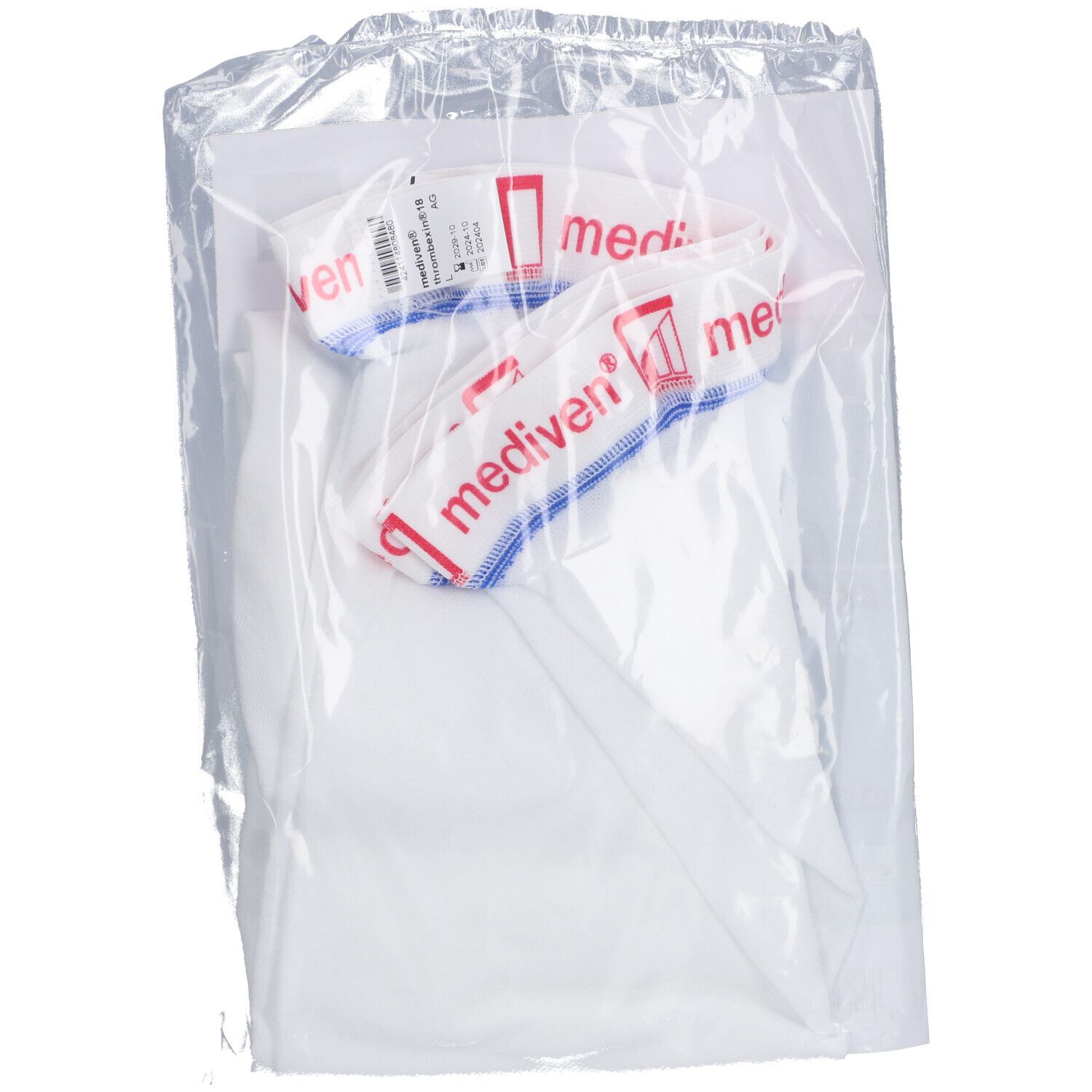 Transparente Verpackung mit weißem Kompressionsstrumpf. Zwei Bänder mit rotem Aufdruck: medi. Medi-Logo. Produktverpackung.
