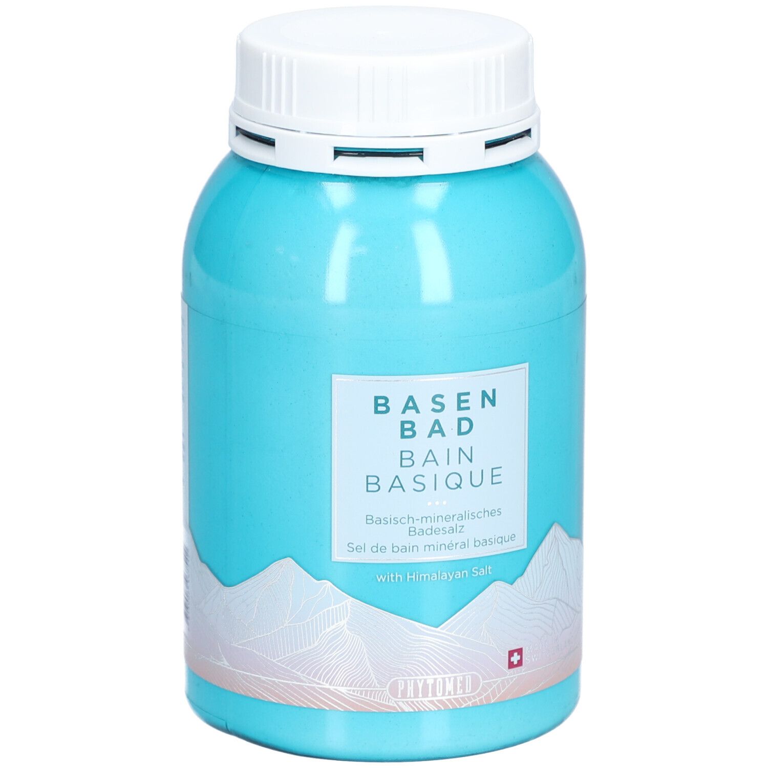 Türkis Dose mit weißem Deckel. Aufschrift: BASEN BAD, BAIN BASIQUE. Schweizer Kreuz. Bergmotiv. Mit Himalaya-Salz.
