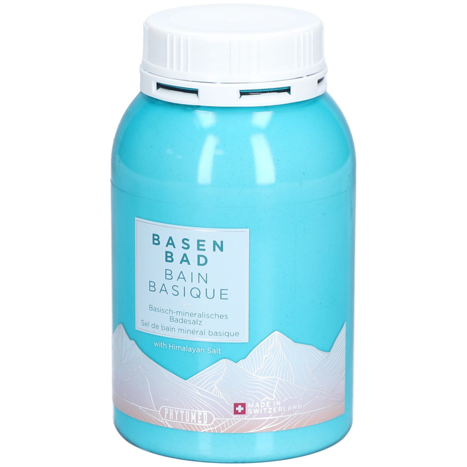 Türkis Dose mit weißem Deckel. Aufschrift: BASEN BAD, BAIN BASIQUE. Schweizer Kreuz. Bergmotiv. Mit Himalaya-Salz.