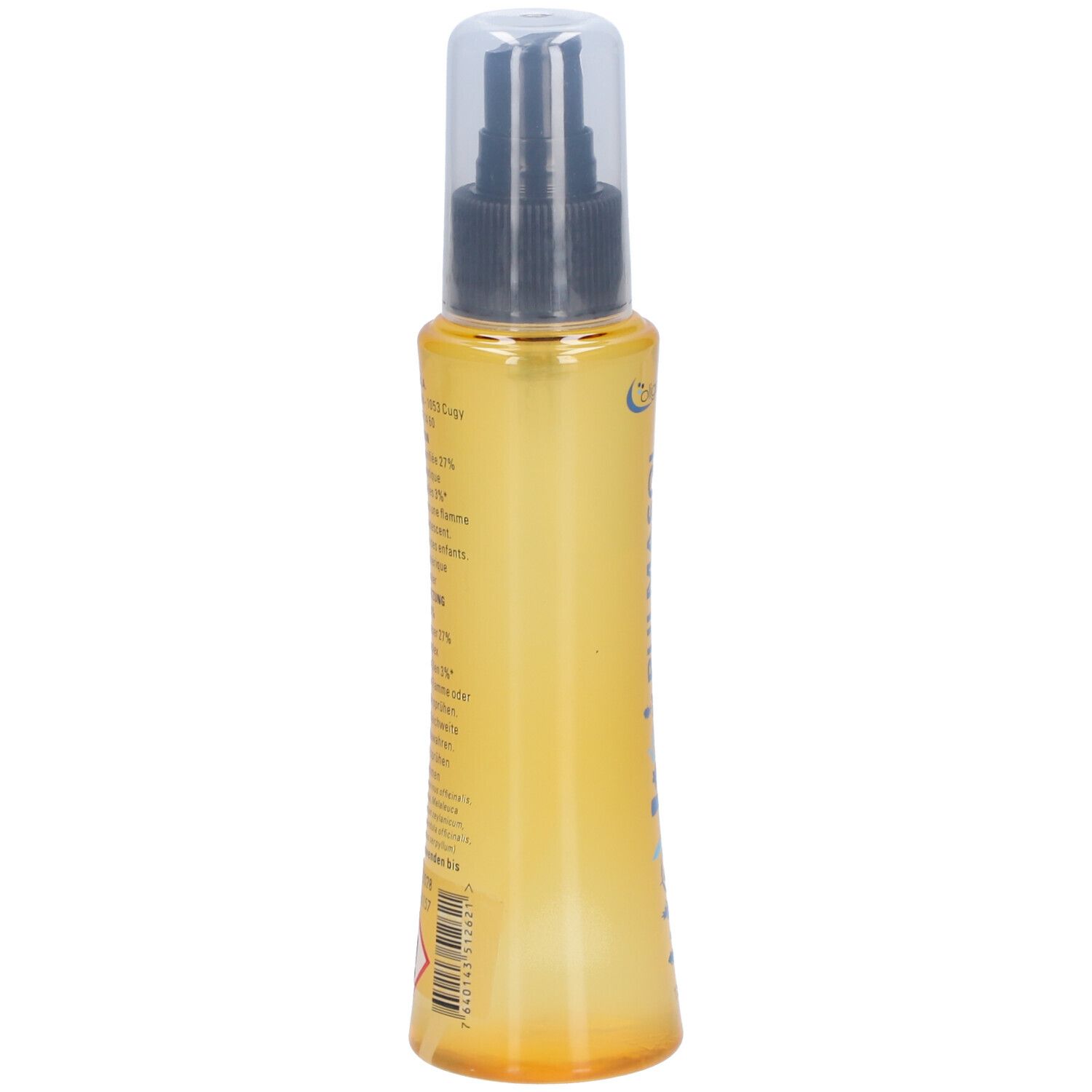 Gelbliche Sprühflasche, Seitenansicht. Schwarzer Sprühkopf, transparente Kappe. Text auf Etikett.
