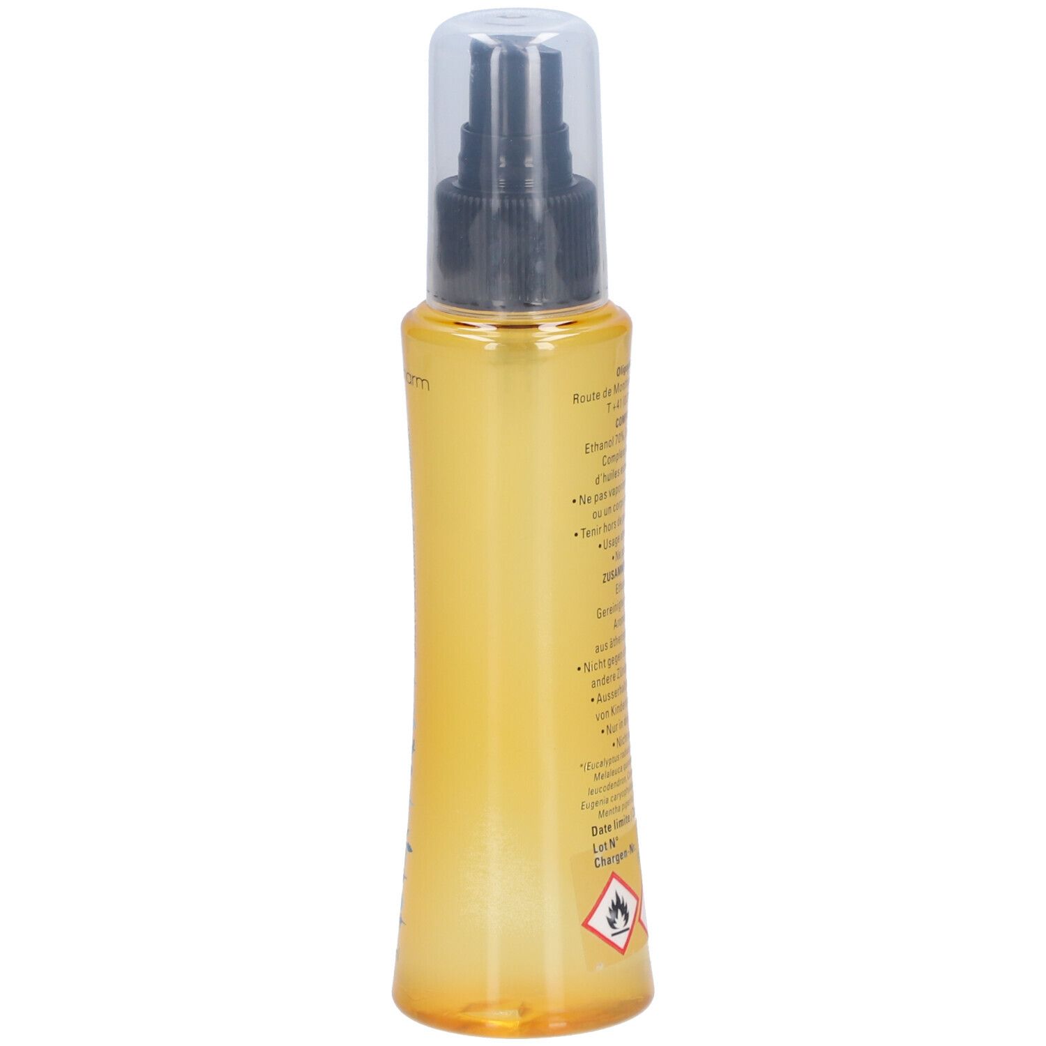 Gelbliche Sprühflasche, Seitenansicht. Schwarzer Sprühkopf, transparente Kappe. Warnhinweis-Symbole.
