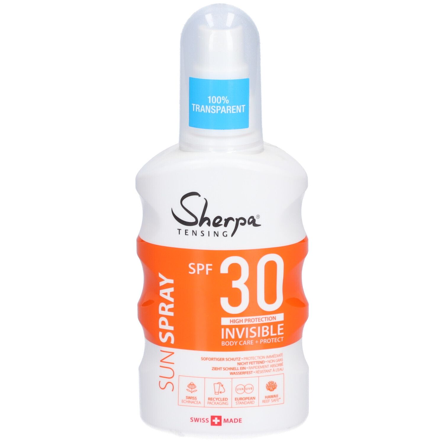Weiße Flasche mit Sonnenspray. Orangefarbenes Etikett mit SPF 30 und Text. Marke: Sherpa Tensing. Schweizer Produkt.