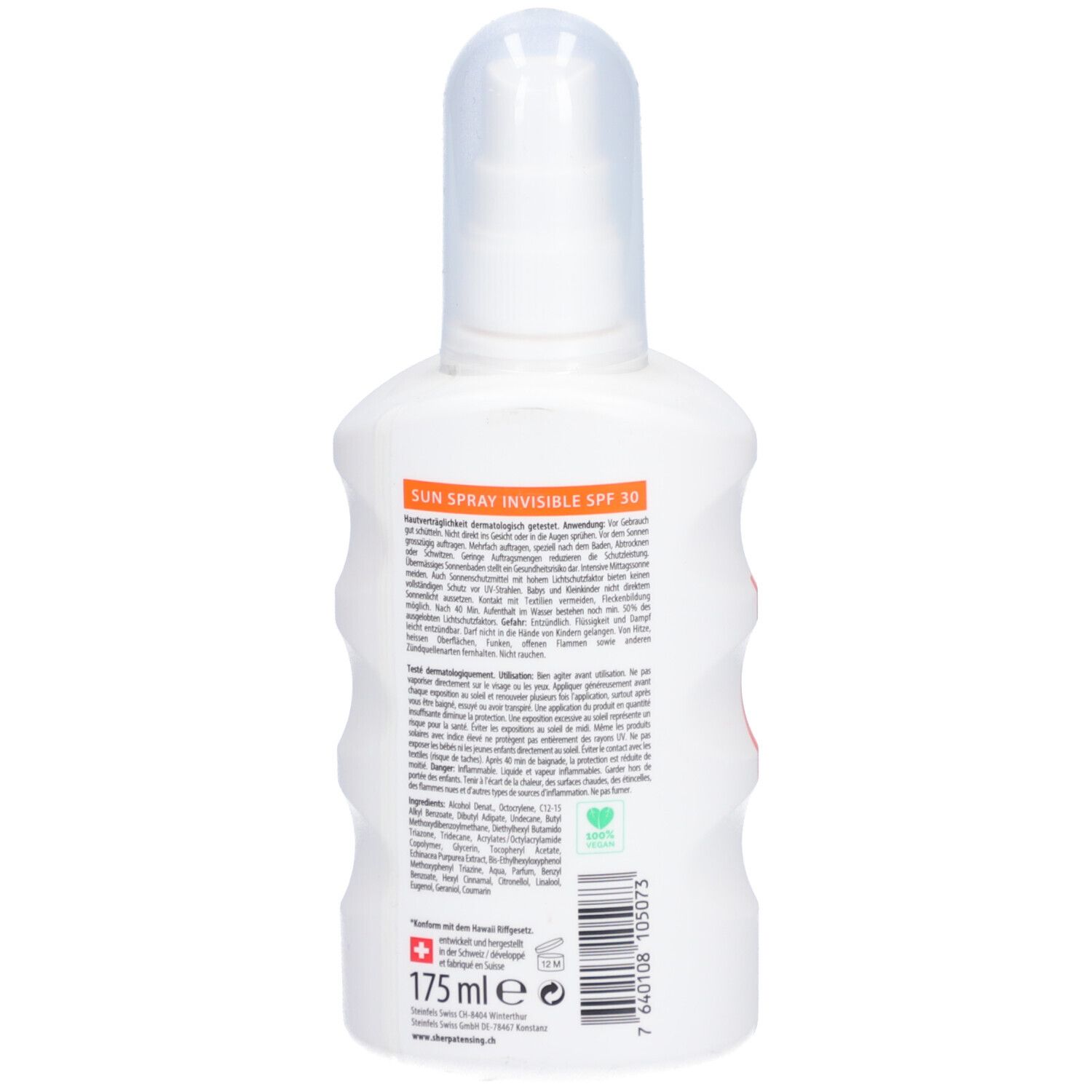 Rückseite der weißen Flasche Sonnenspray. Text und Informationen. 175 ml. Schweizer Produkt.