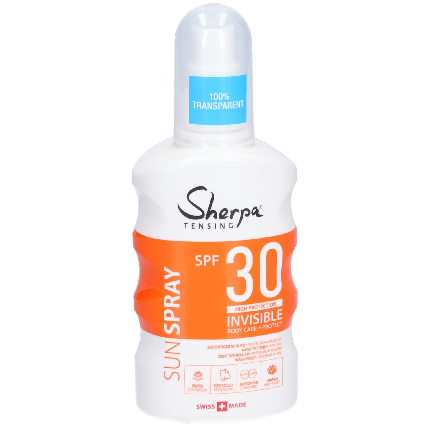 Weiße Flasche Sonnenspray. Orangefarbenes Etikett mit SPF 30 und Text. Marke: Sherpa Tensing. Schweizer Produkt.