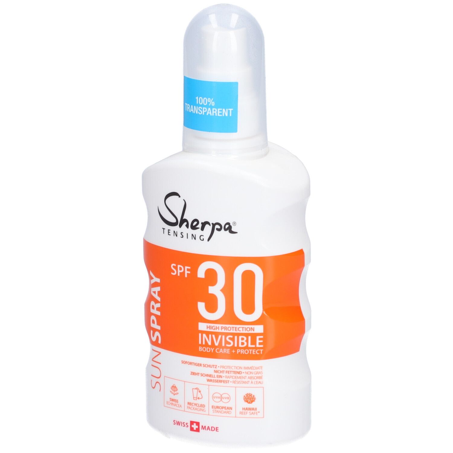 Weiße Flasche Sonnenspray. Orangefarbenes Etikett mit SPF 30 und Text. Marke: Sherpa Tensing. Schweizer Produkt.
