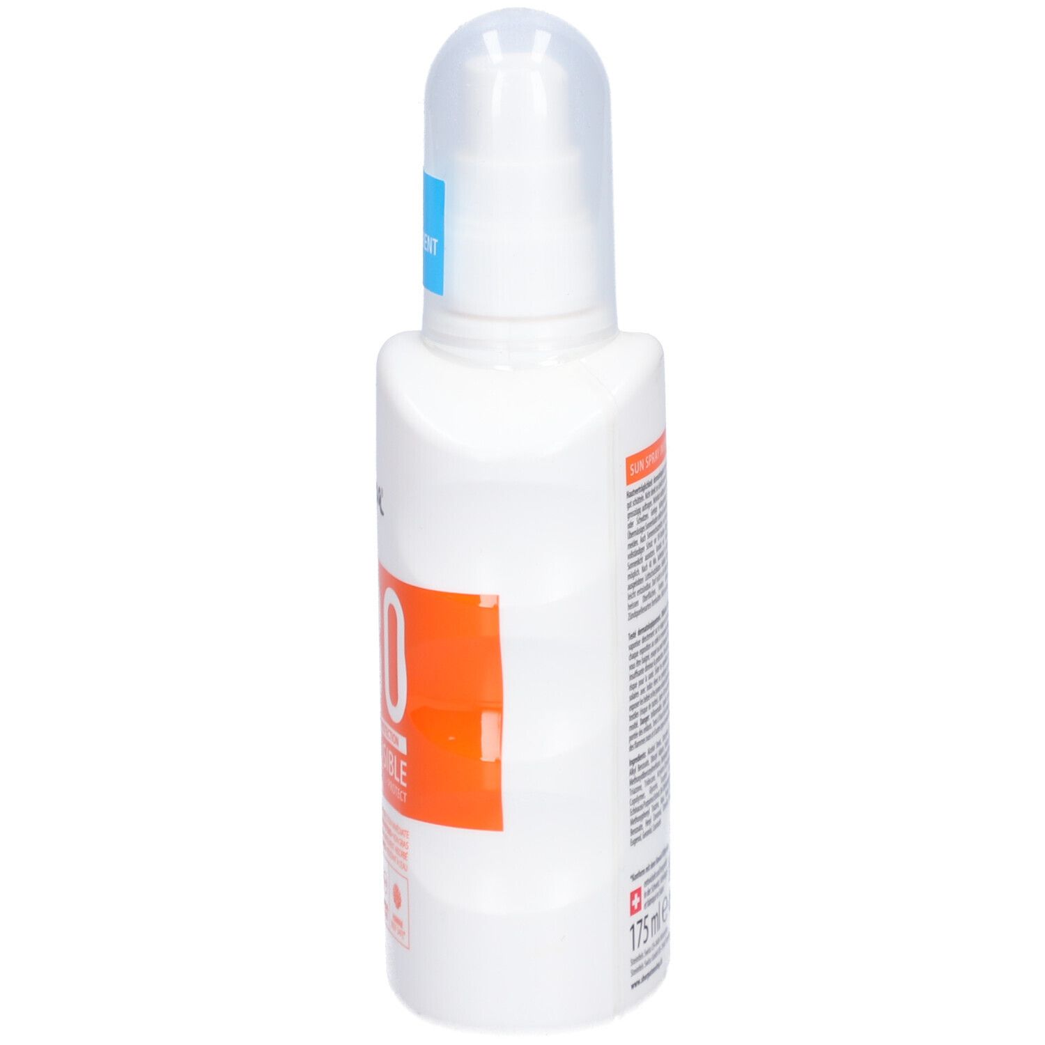 Weiße Flasche Sonnenspray. Orangefarbenes Etikett mit Text. Marke: Sherpa Tensing. Seitliche Ansicht.