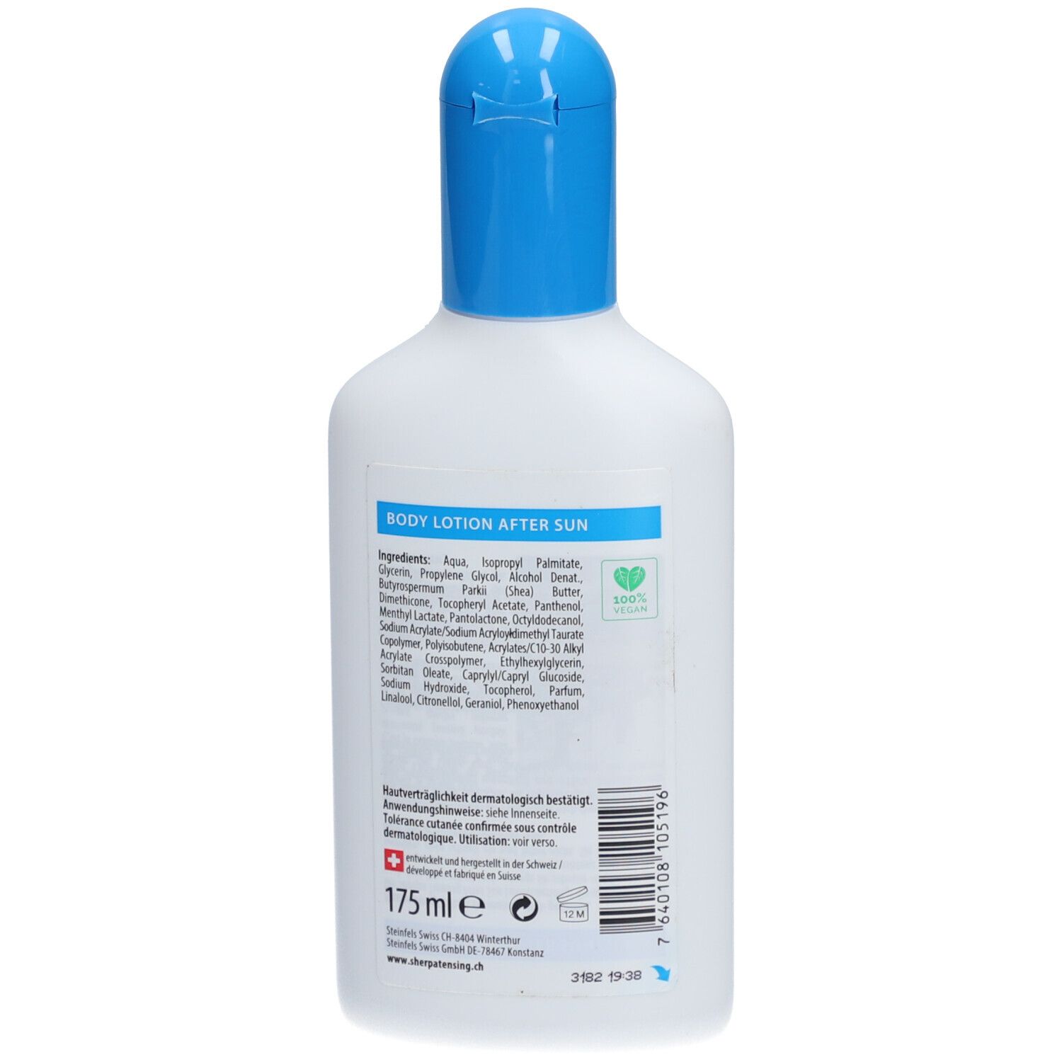 Dos du flacon. Liste des ingrédients, texte: Body Lotion After Sun. Logo vert. Label de qualité suisse. 175 ml.