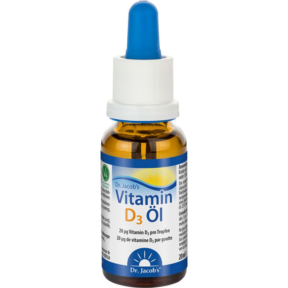 Braune Glasflasche mit blauem Tropfer. Aufschrift: Vitamin D3 Öl. 20 µg Vitamin D3 pro Tropfen.