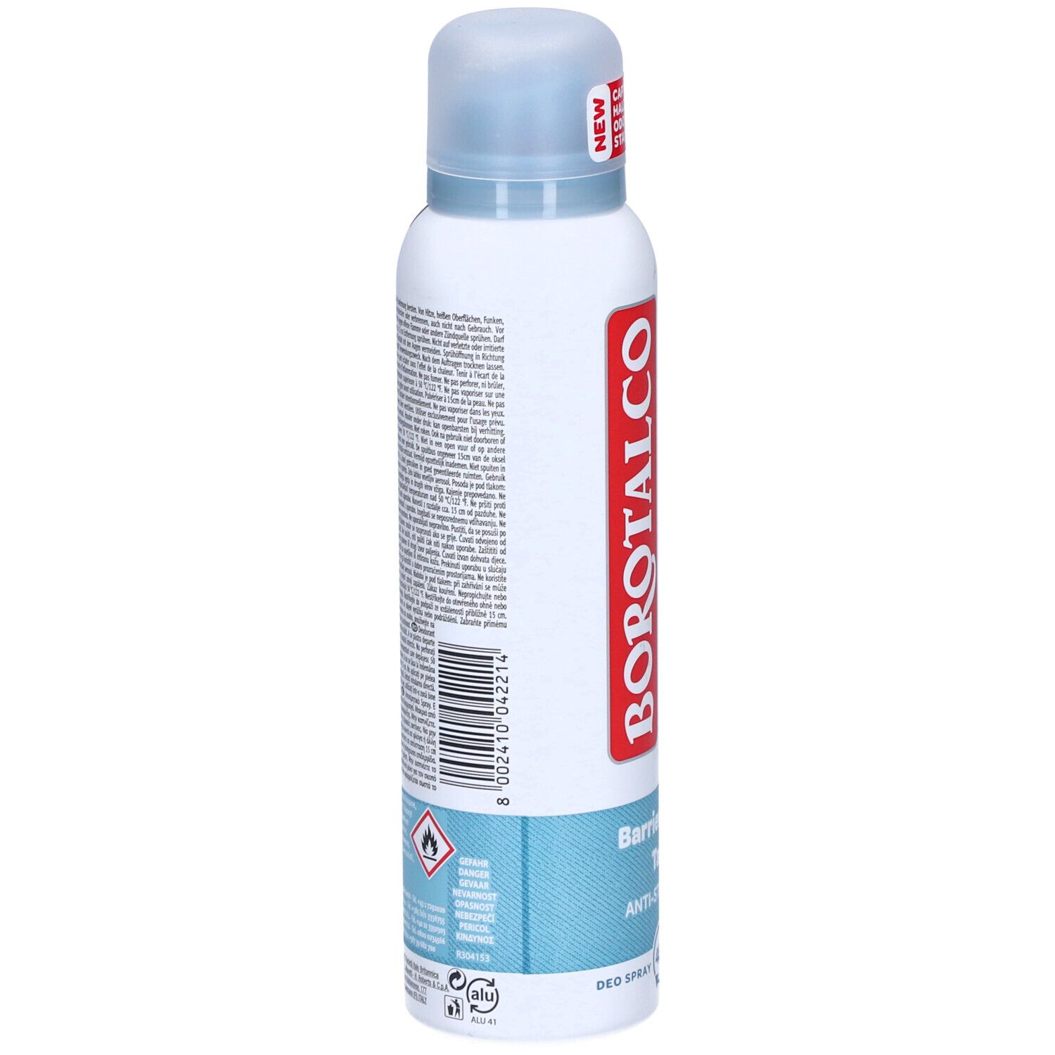 Deospray-Rückseite mit Text und Barcode. Enthält Warnhinweise und Informationen. Aluminium-Symbol unten.
