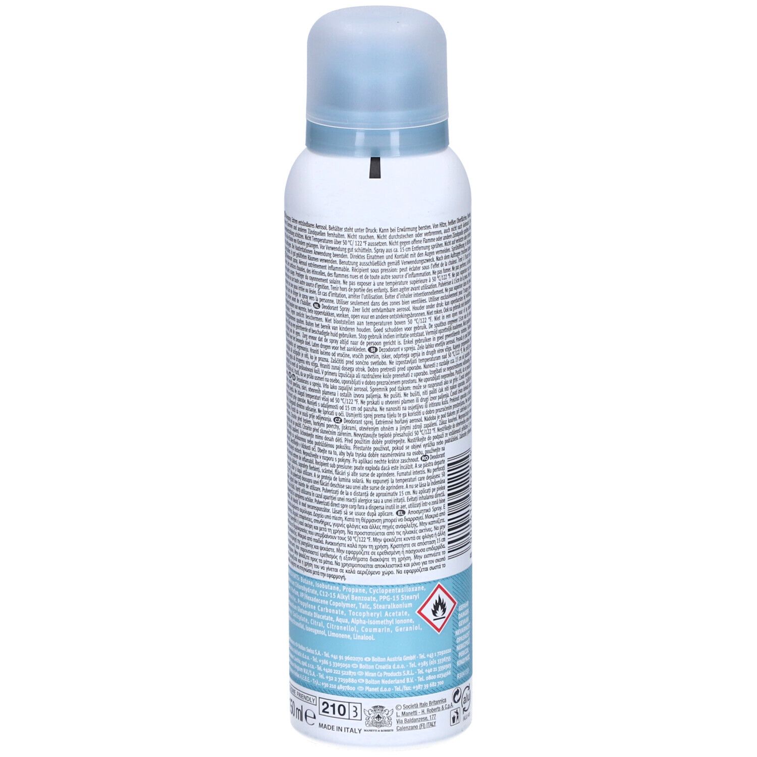 Deospray-Rückseite mit Text und Barcode. Enthält Warnhinweise und Informationen. Aluminium-Symbol unten.