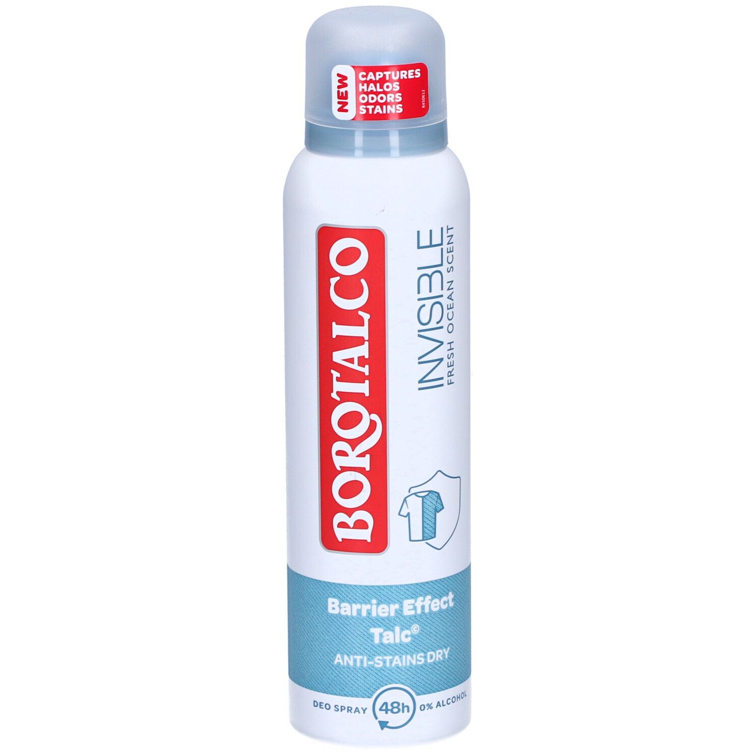 Deospray mit weißer Dose, rotem Logo und blauem Deckel. Text: Invisible, Barrier Effect Talc, Anti-Stains Dry. Mit 'NEW' Aufkleber.