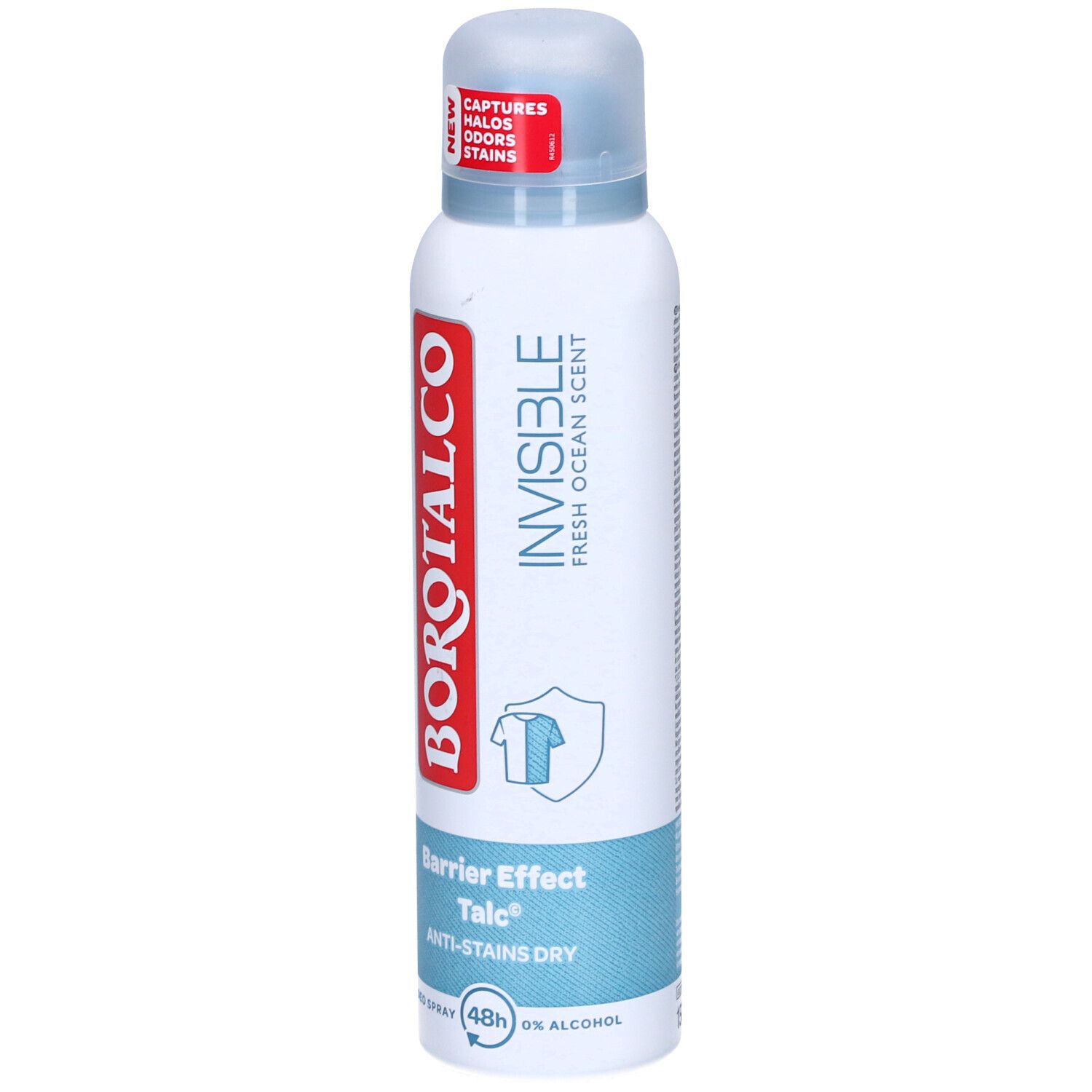 Deospray mit weißer Dose, rotem Logo und blauem Deckel. Text: Invisible, Barrier Effect Talc, Anti-Stains Dry. Mit 'NEW' Aufkleber.