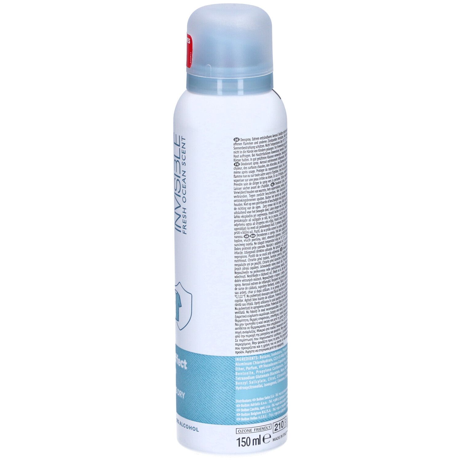 Deospray-Rückseite mit Text und Barcode. Enthält Warnhinweise und Informationen. Aluminium-Symbol unten. 150 ml.