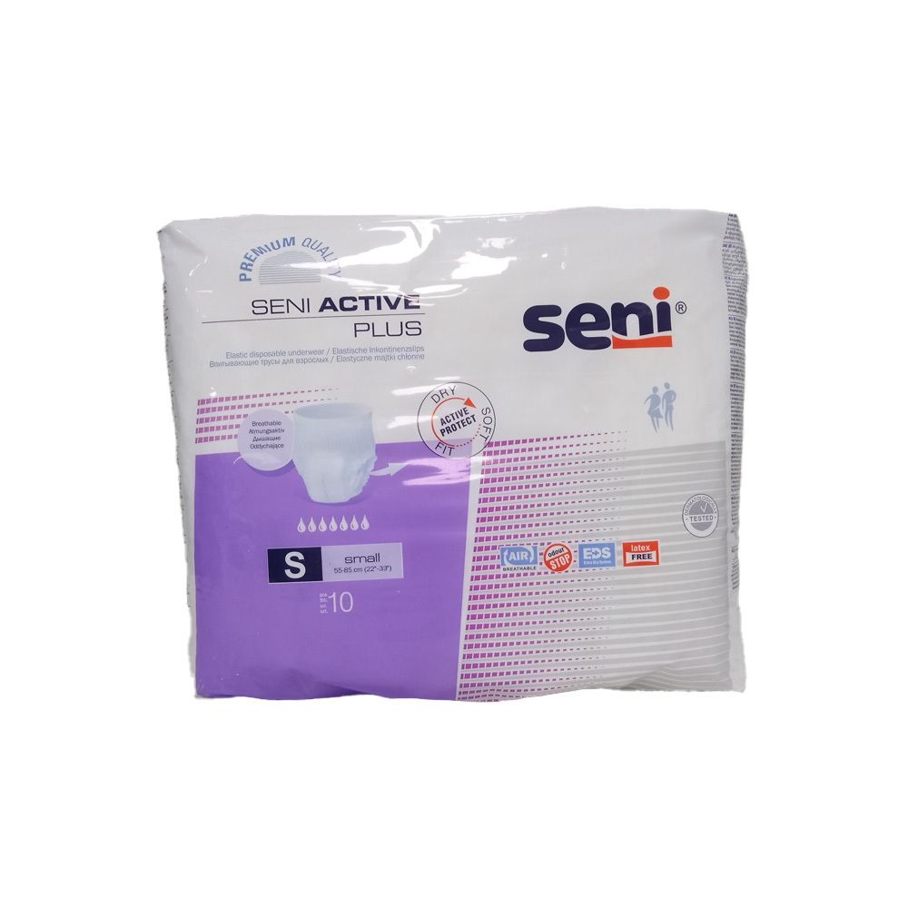 Paquet de SENI Active Plus Pants S, 10 unités. Blanc, accents violets. Nom du produit, taille S, pictogrammes et logo SENI.