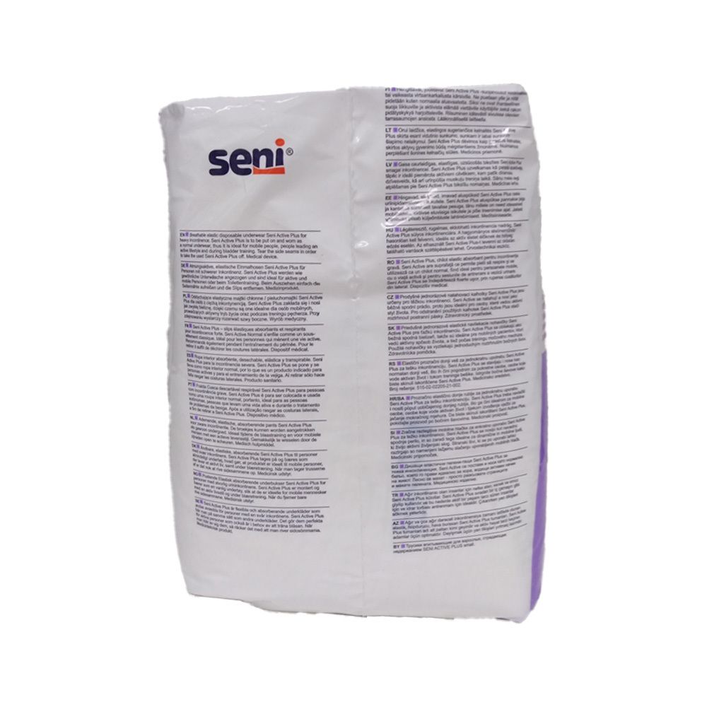 Dos du paquet SENI Active Plus Pants S. Texte multilingue. Taille S. Code-barres et logo SENI.