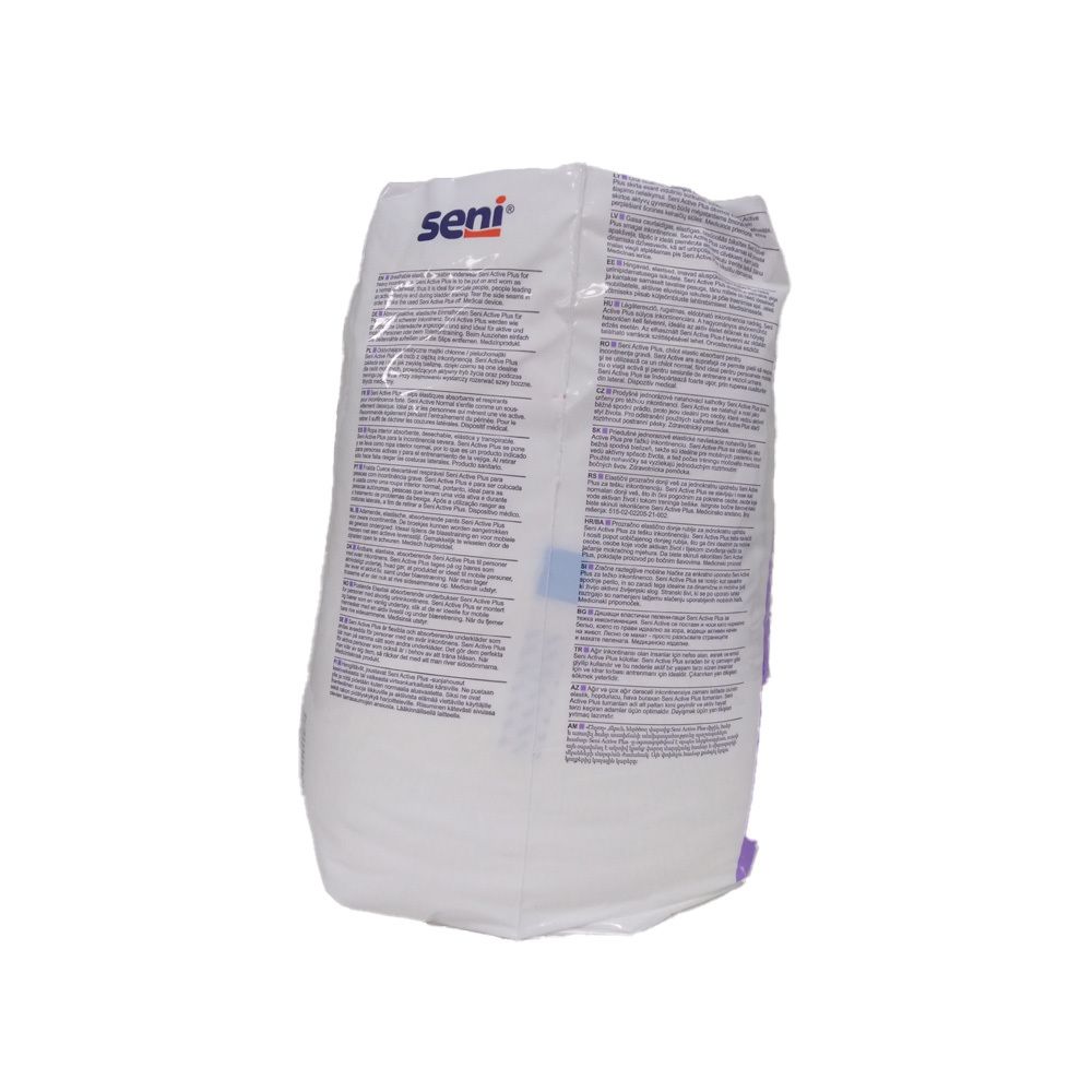 Rückseite der SENI Active Plus Pants M Verpackung. Weiße Verpackung mit Text und Logo. Seitliche Ansicht.