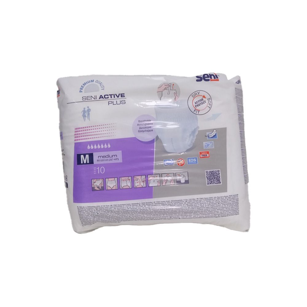 Verpackung SENI Active Plus Pants M. Weiße Verpackung mit Produktabbildung und Logo. Größe M, 10 Stück.