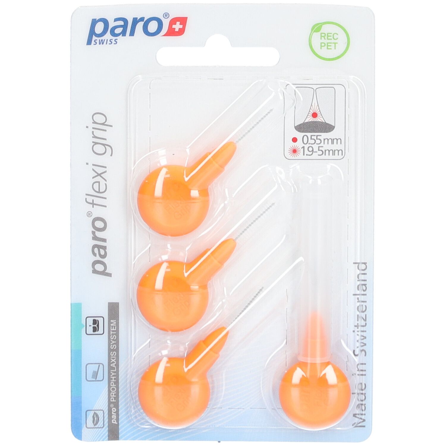 Blisterverpackung mit drei orangefarbenen Interdentalbürsten und einer Ersatzbürste. "paro flexi grip"-Logo.