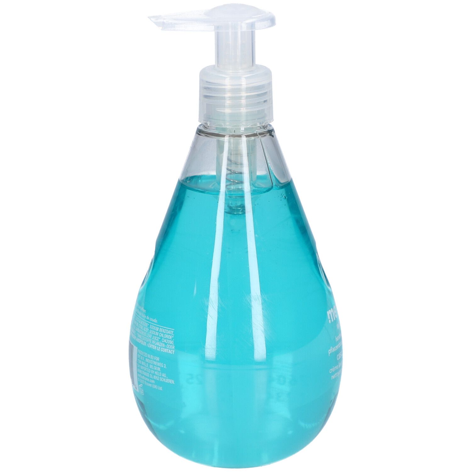 Transparente Flasche mit blauem Inhalt und Spender. Tropfenförmige Form. Der Spender ist weiß.
