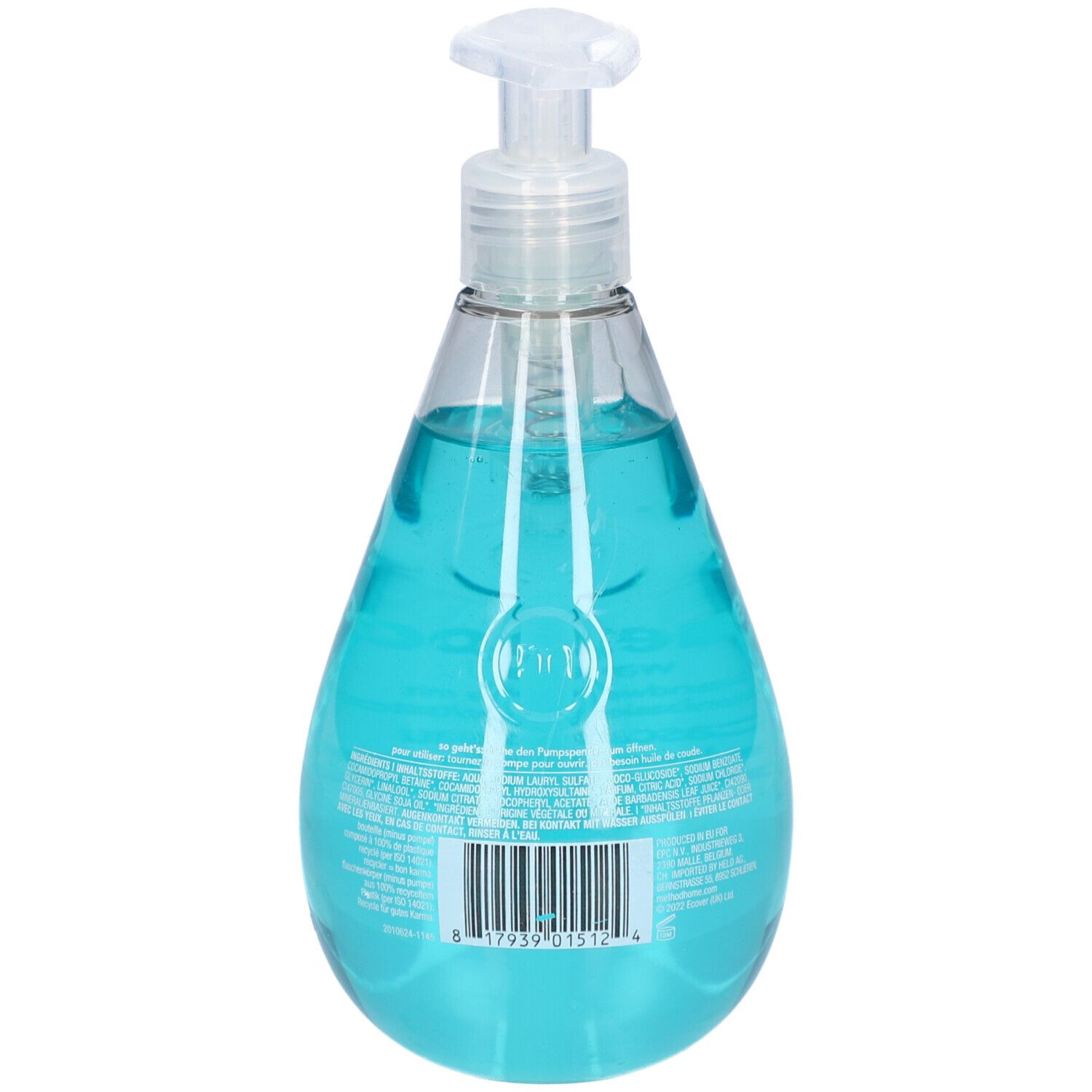 Transparente Flasche mit blauem Inhalt. Rückseite mit Text und Barcode. Tropfenförmige Form.