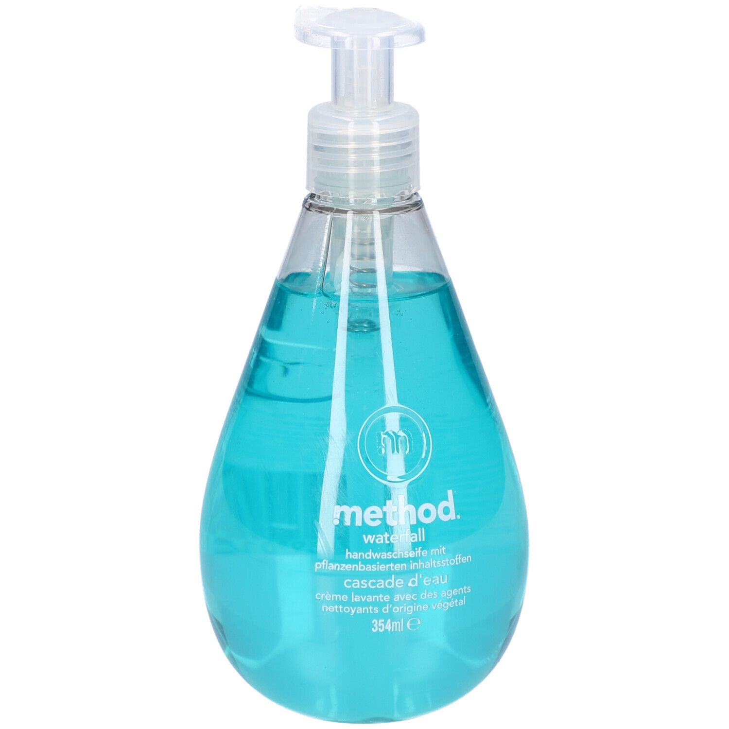 Transparente Flasche mit blauem Inhalt und weißem Spender. Aufschrift: method waterfall. 354ml.