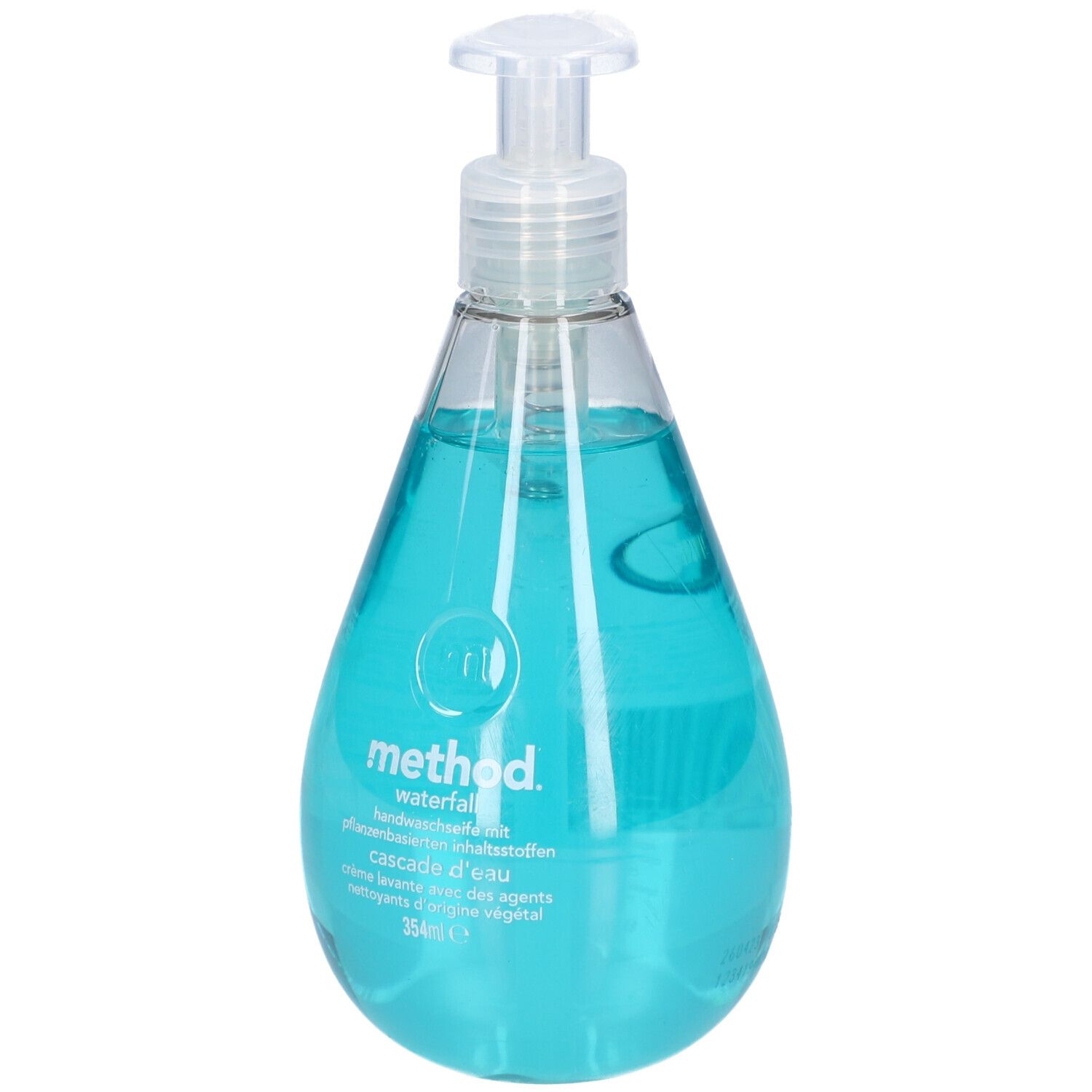 Transparente Flasche mit blauem Inhalt und weißem Spender. Aufschrift: method waterfall. 354ml.