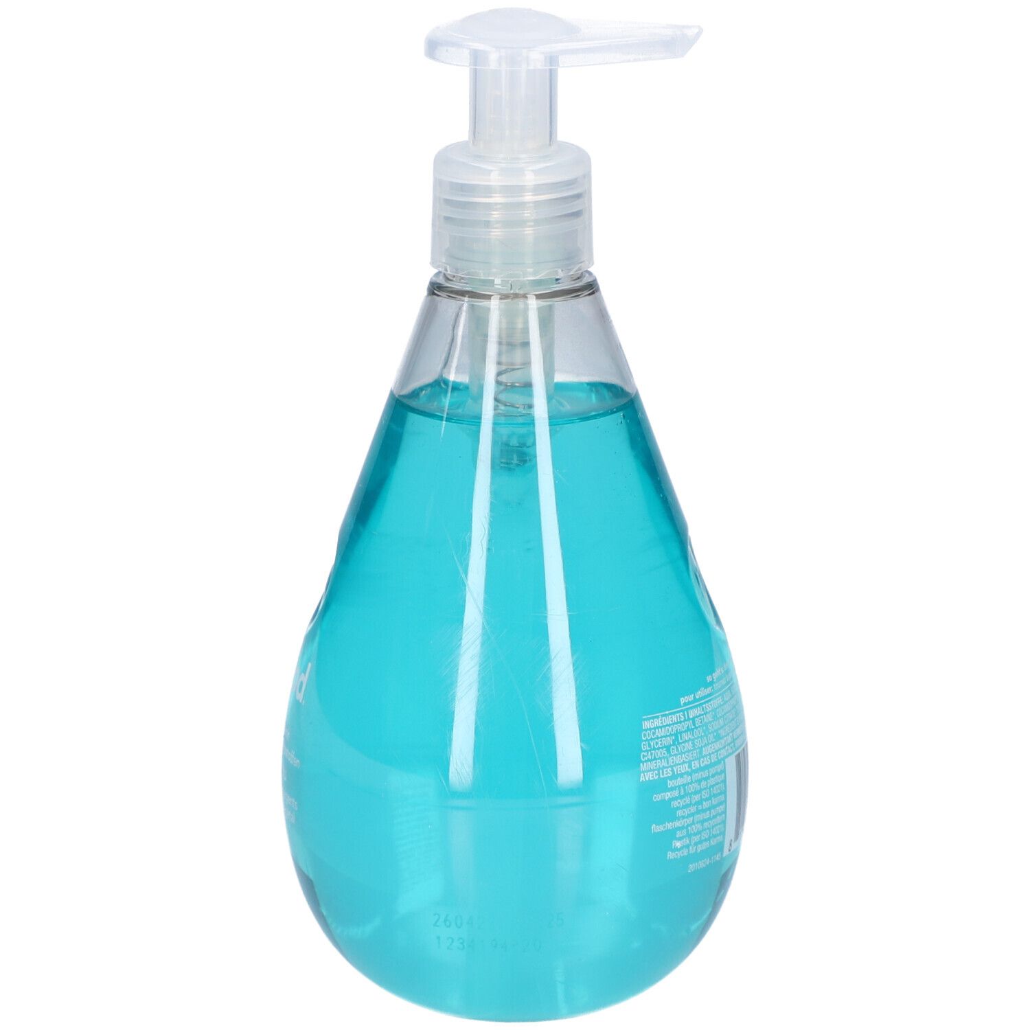 Transparente Flasche mit blauem Inhalt und Spender. Tropfenförmige Form. Der Spender ist weiß.