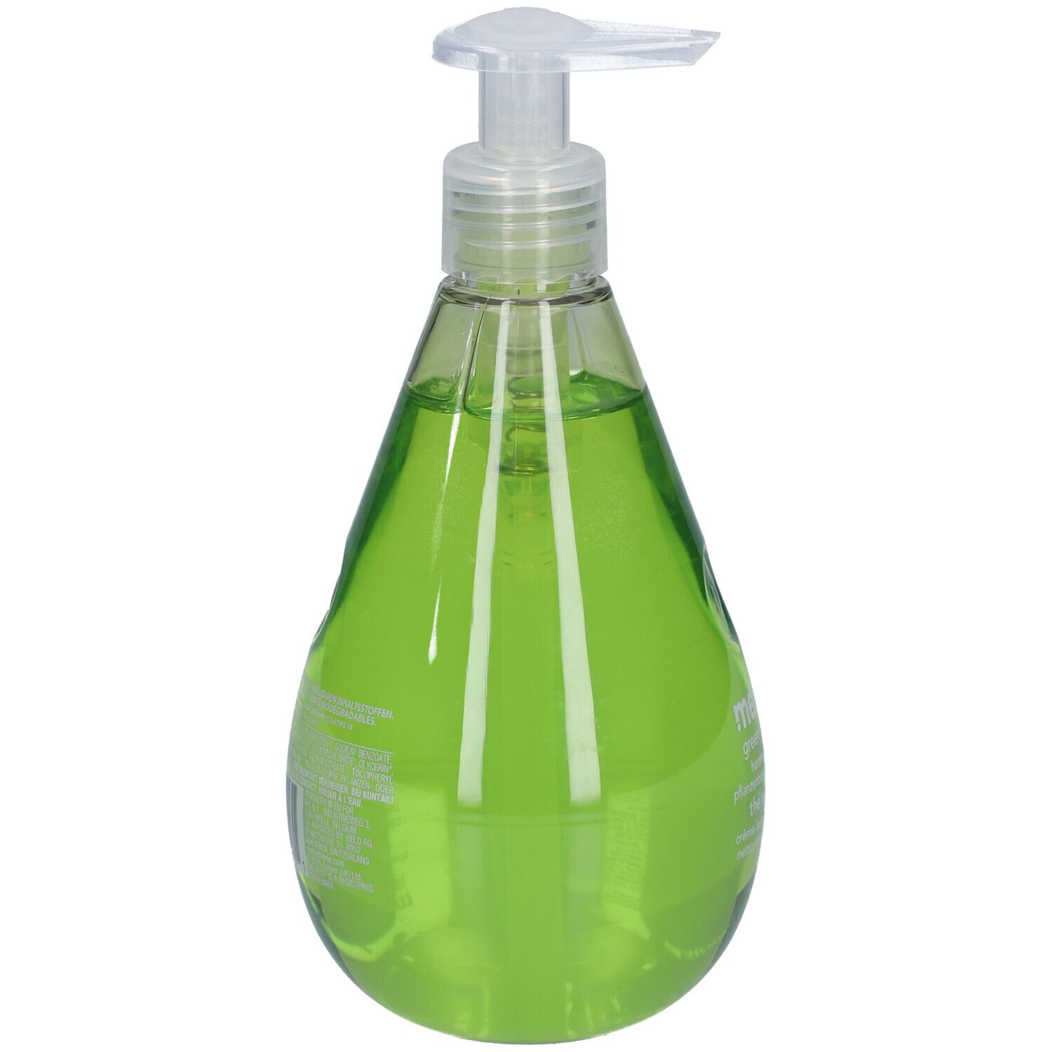 Rückansicht der grünen Flüssigseife in tropfenförmiger Flasche mit Pumpverschluss. Etikett mit Text.