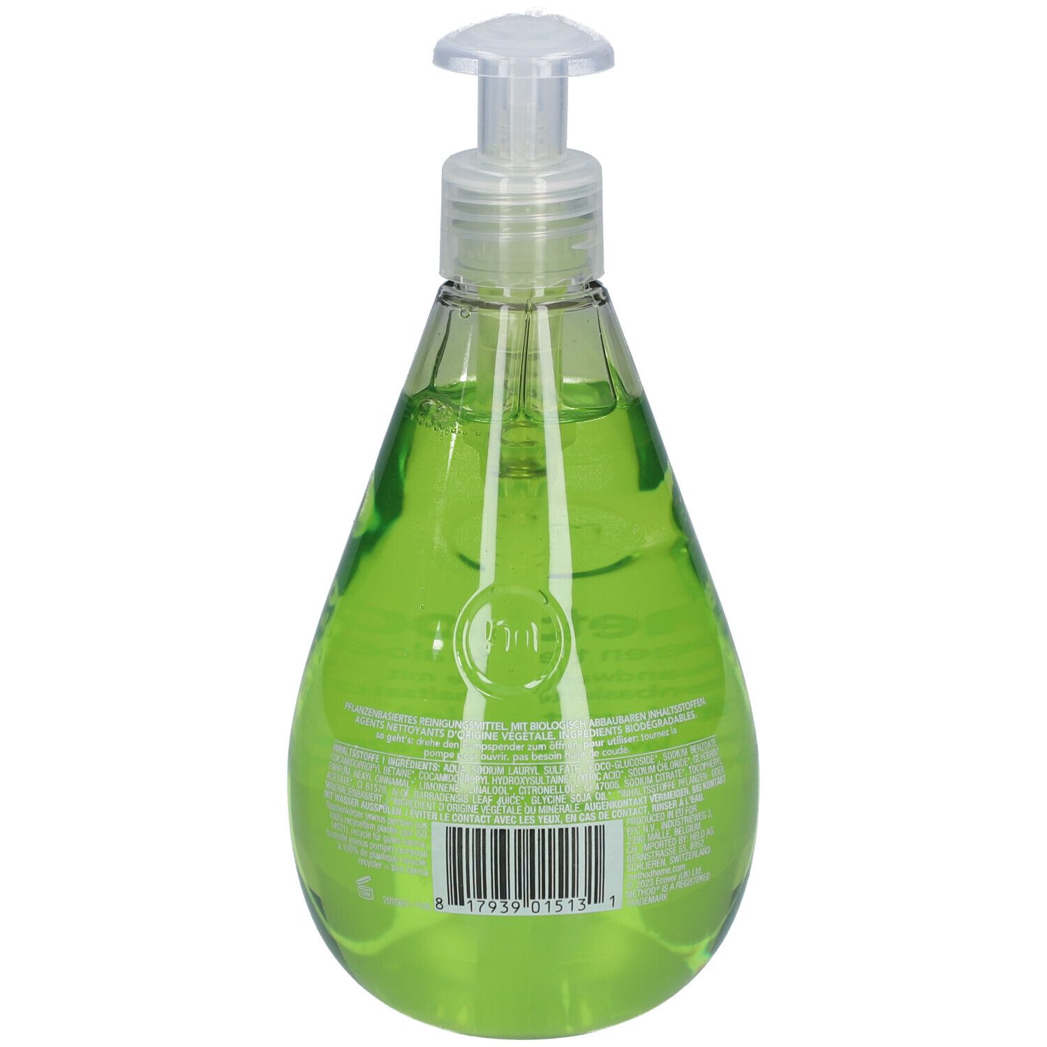 Rückansicht der grünen Flüssigseife in tropfenförmiger Flasche mit Pumpverschluss. Barcode und Text auf dem Etikett.
