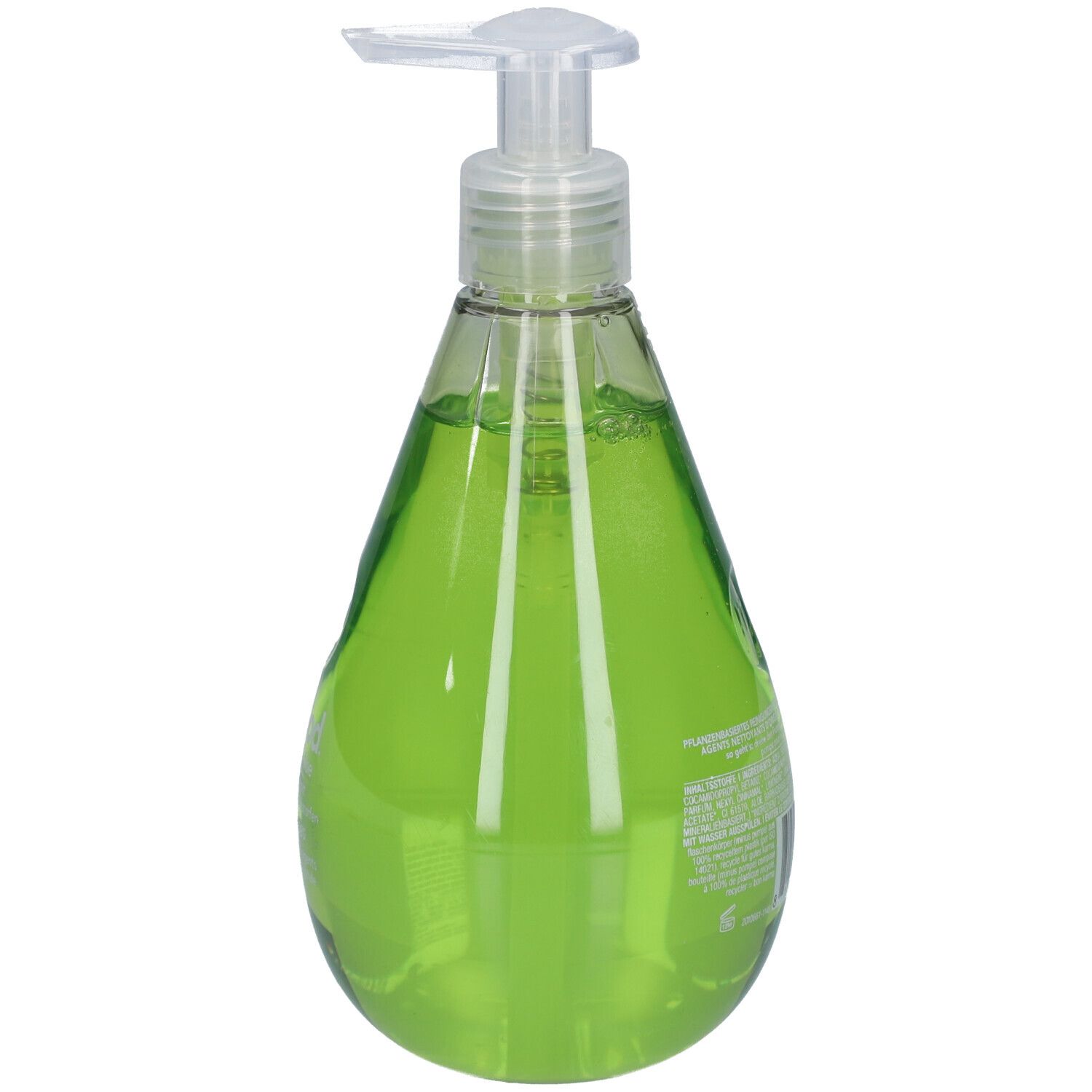 Rückansicht der grünen Flüssigseife in tropfenförmiger Flasche mit Pumpverschluss. Etikett mit Text.
