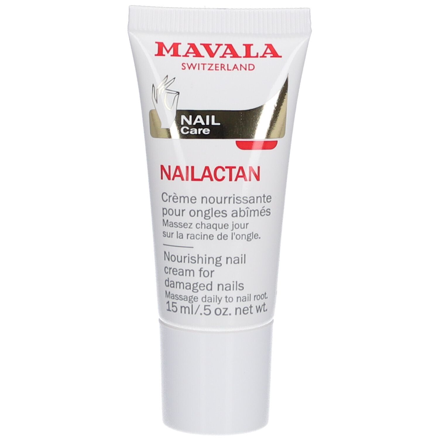Creme-Tube mit Produktnamen und Markennamen. Aufschrift: Mavala Switzerland, Nailactan, Crème nourrissante pour ongles abîmés.