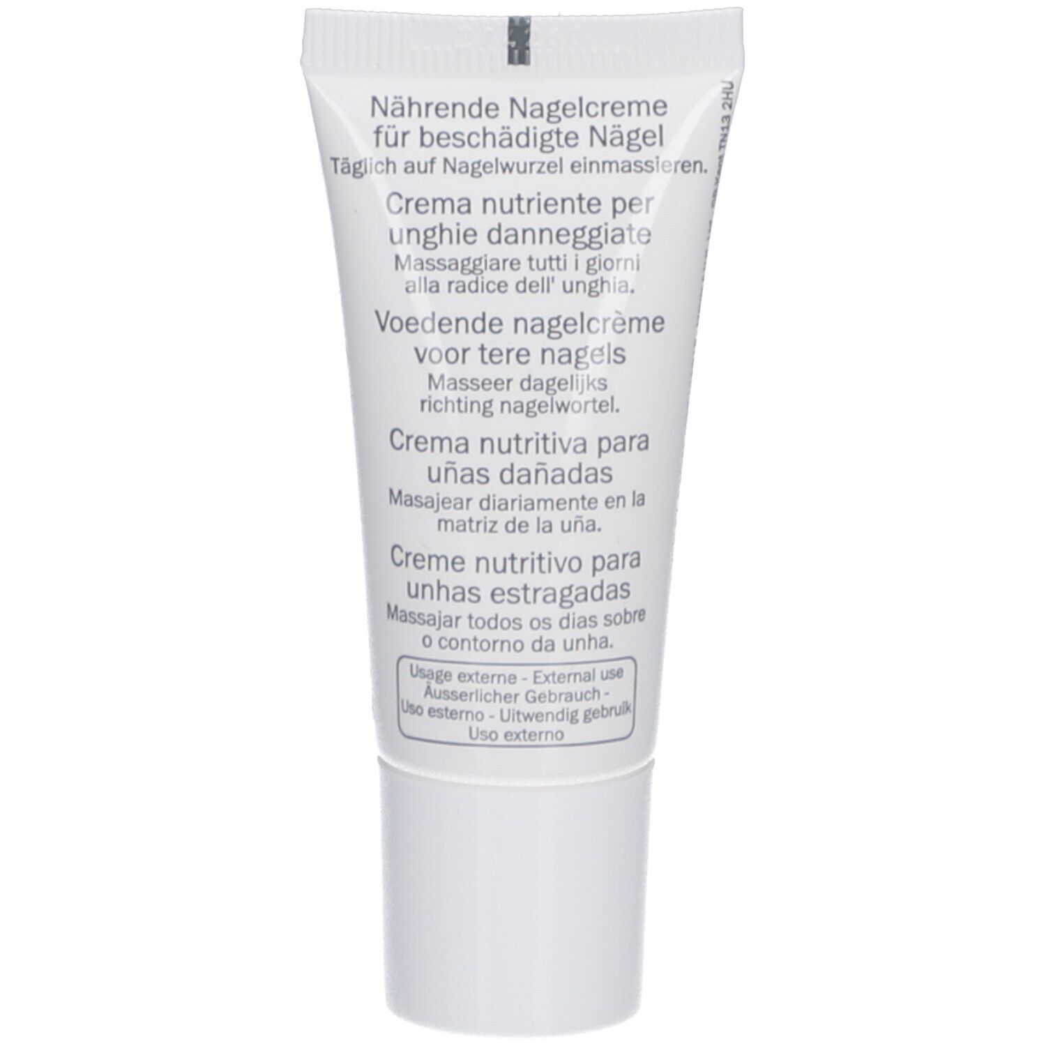 Rückseite des Creme-Tubes. Mehrsprachige Produktinformationen. Aufschrift: Nährende Nagelcreme für beschädigte Nägel, Creme nutriente per unghie danneggiate.