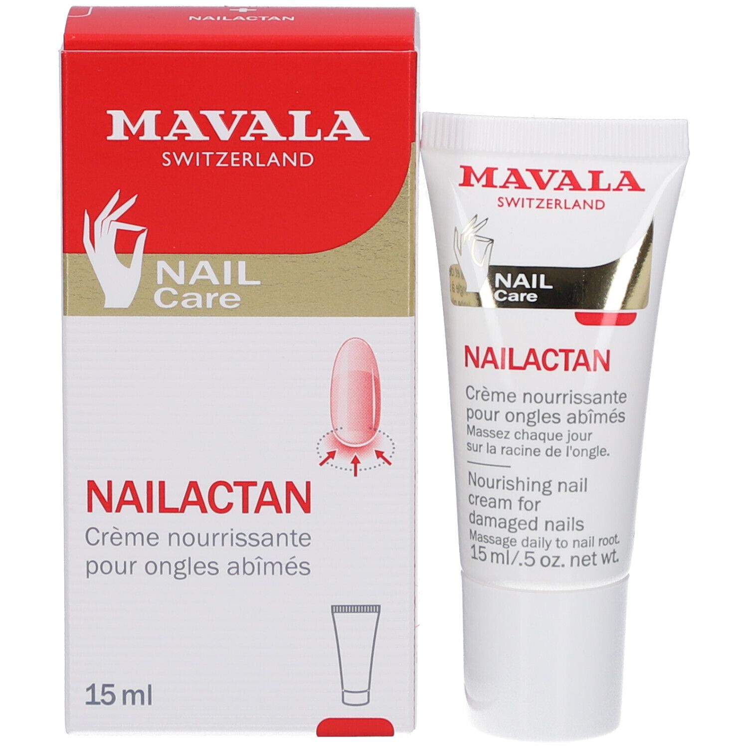 Produktverpackung und Tube. Rote Schachtel mit Produktnamen und Marke. Tube mit Produktnamen und Marke. Aufschrift: Mavala Switzerland, Nailactan.