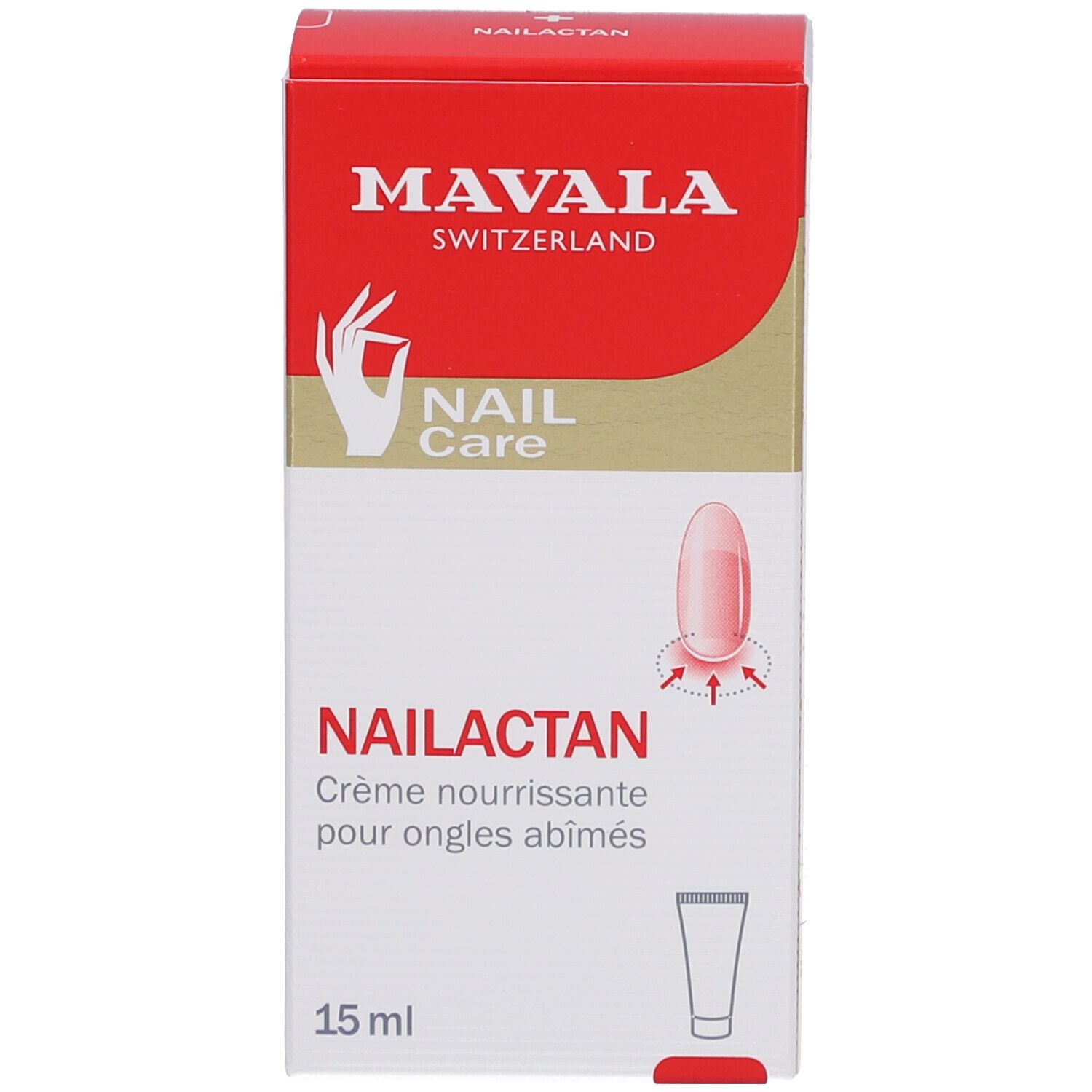 Rote Schachtel mit Produktnamen und Marke. Aufschrift: Mavala Switzerland, Nailactan, Crème nourrissante pour ongles abîmés, 15 ml.