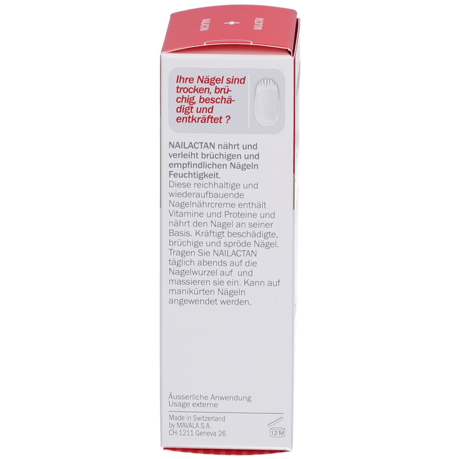 Seitenansicht der Produktverpackung. Text in deutscher Sprache. Aufschrift: Ihre Nägel sind trocken, brüchig, beschädigt und entkräftet?