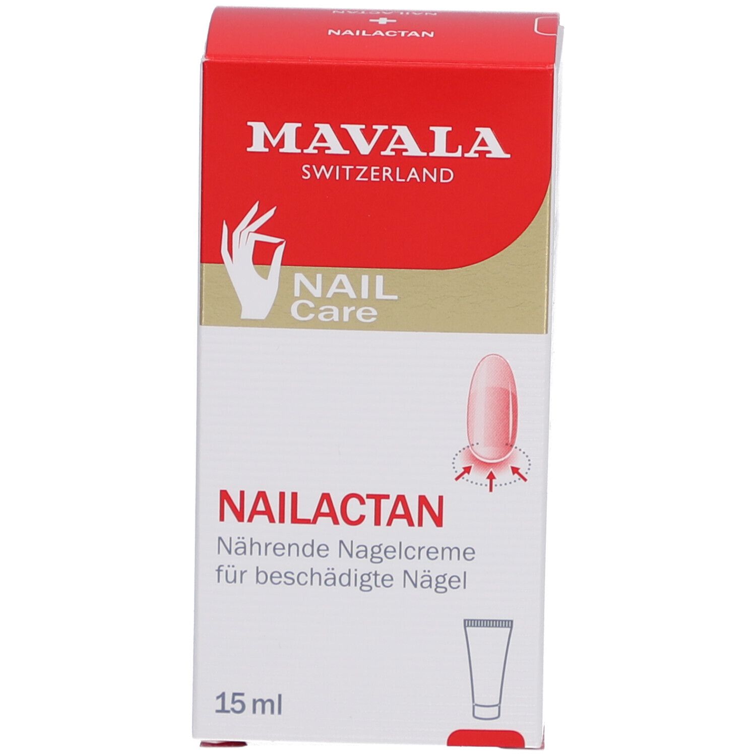 Produktverpackung. Aufschrift: Mavala Switzerland, Nailactan, Nährende Nagelcreme für beschädigte Nägel, 15 ml.